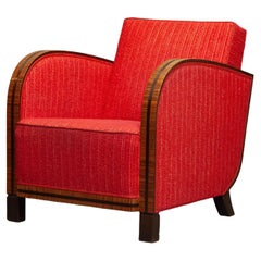 1920s Swedish Art Deco Club Lounge Chair Veneered Armrests and Red Bouclé Fabric