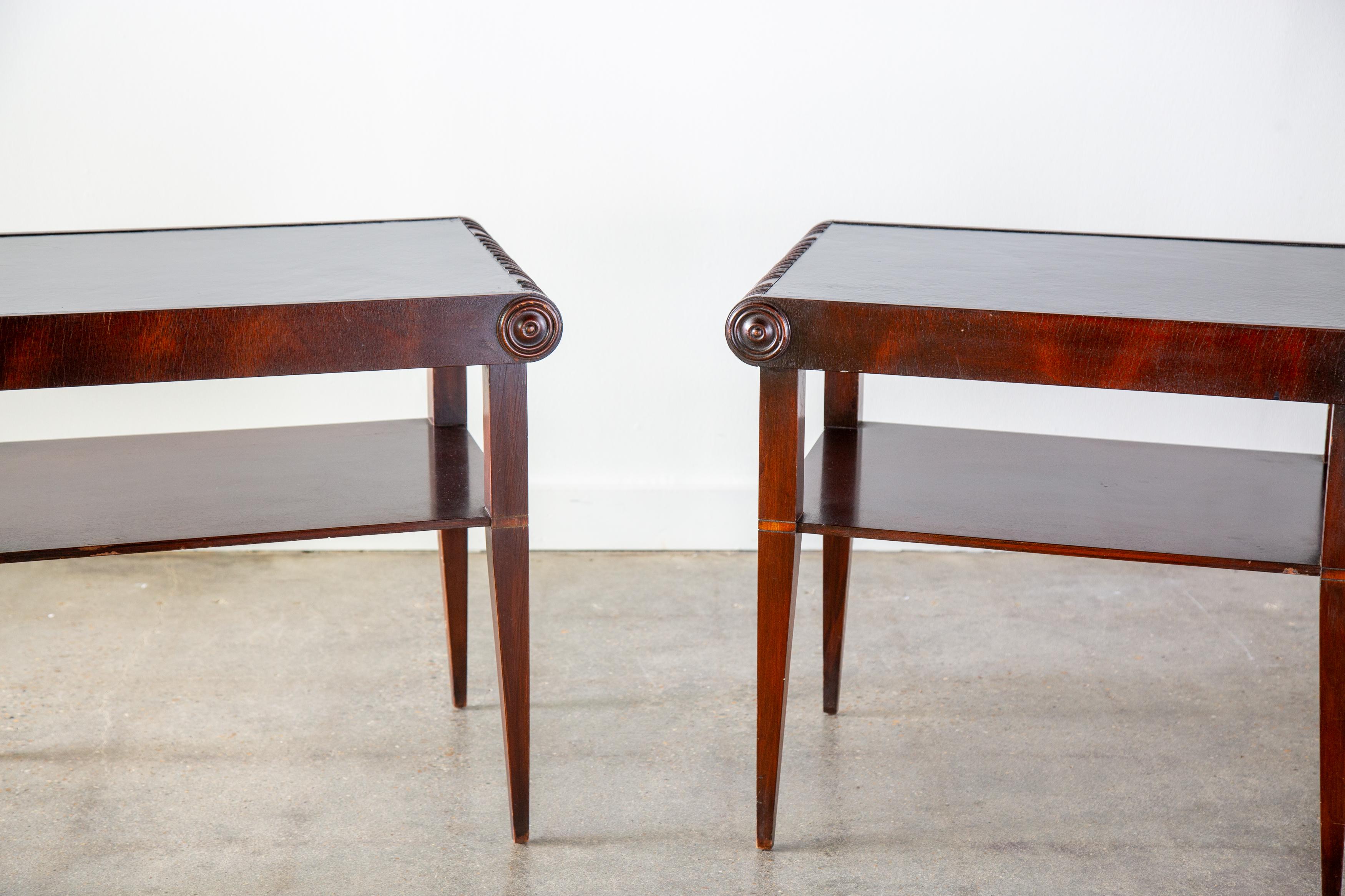 1920s Swedish Art Deco Leather top Mahogany End Tables Nightstands For Sale 6