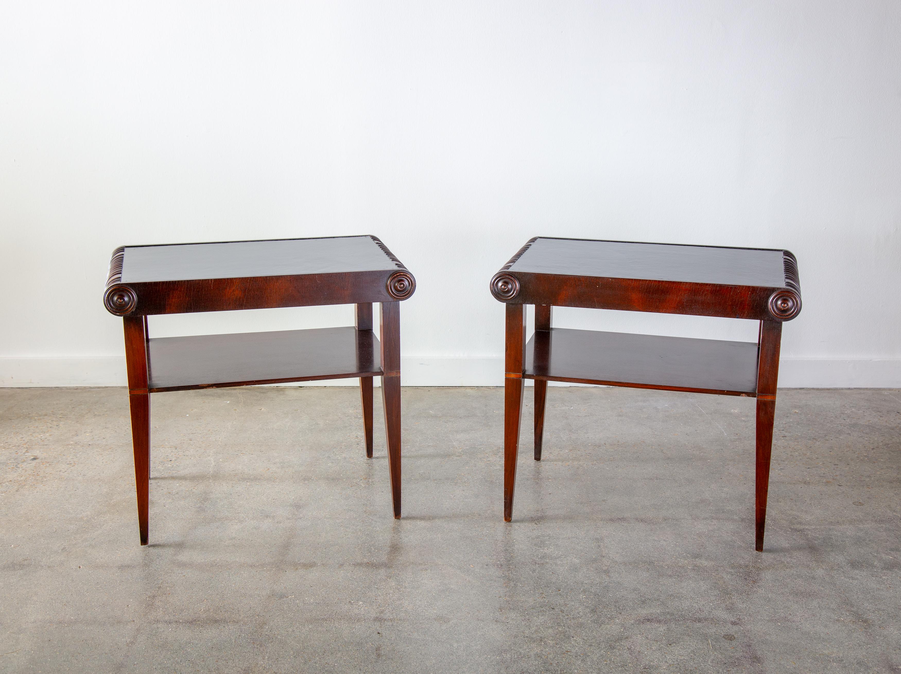 1920s Swedish Art Deco Leather top Mahogany End Tables Nightstands In Good Condition For Sale In Virginia Beach, VA
