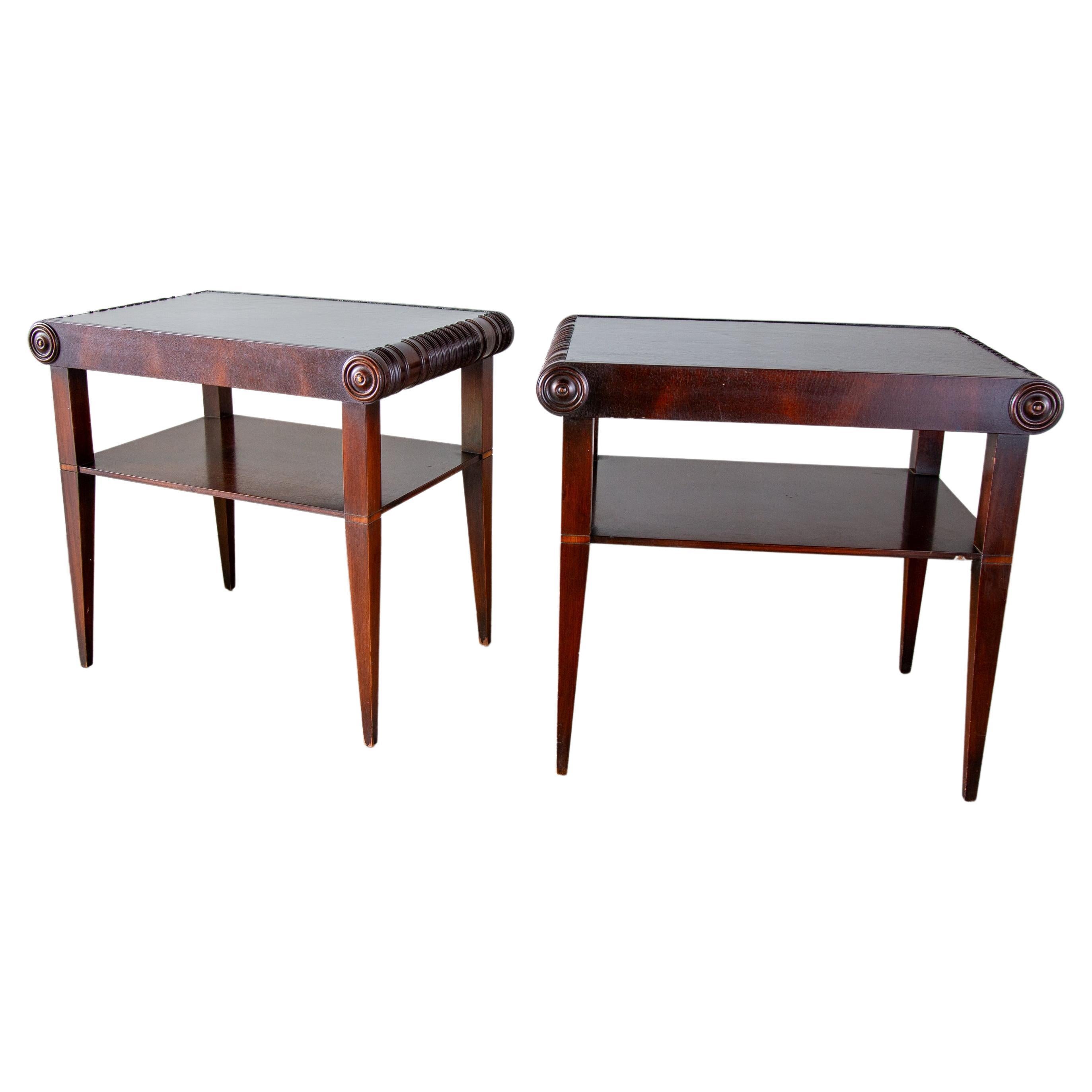 1920s Swedish Art Deco Leather top Mahogany End Tables Nightstands For Sale