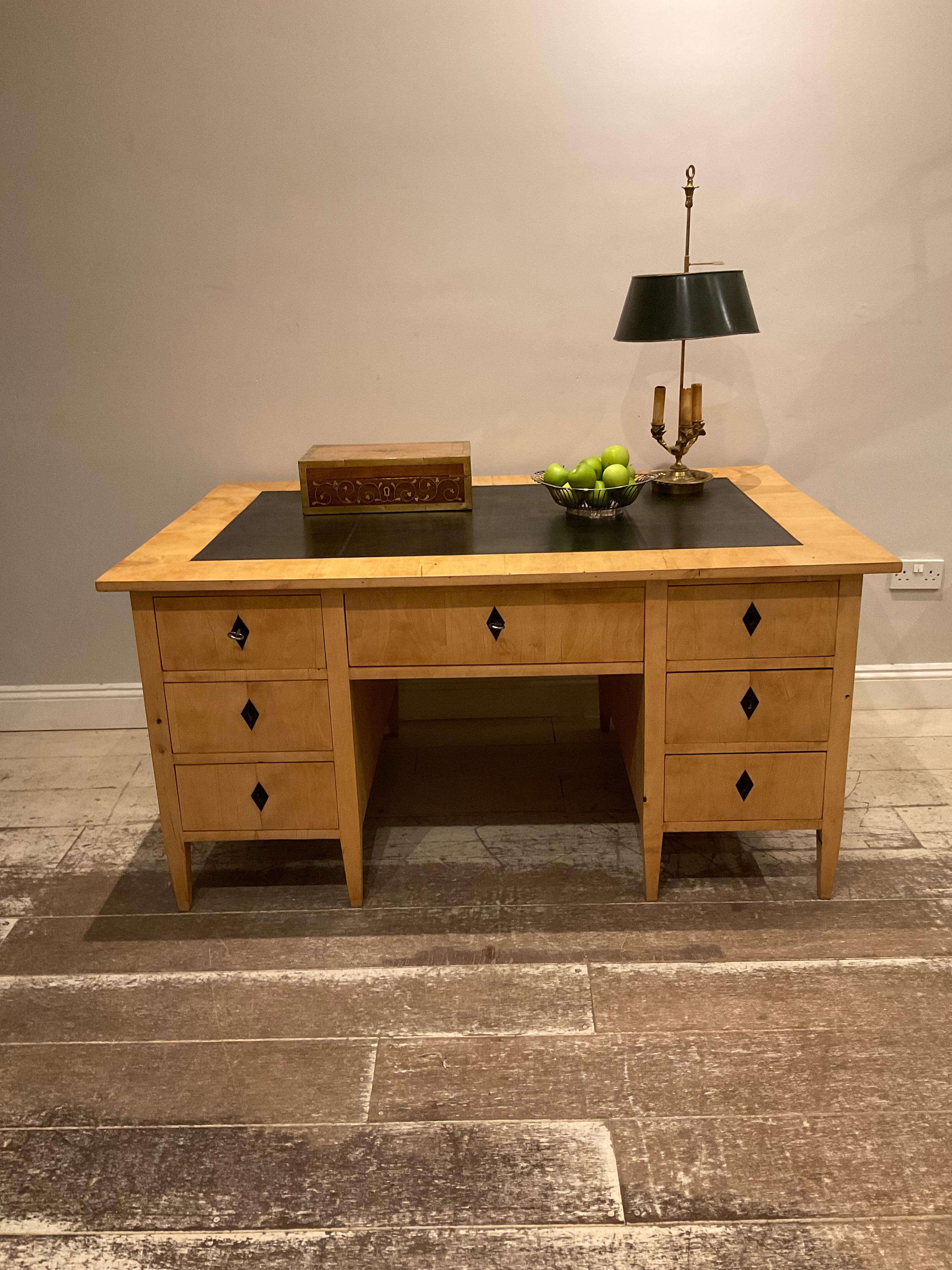 Circa 1900s Partners desk with original tooled  leather top - Swedish birch  In Good Condition In London, GB