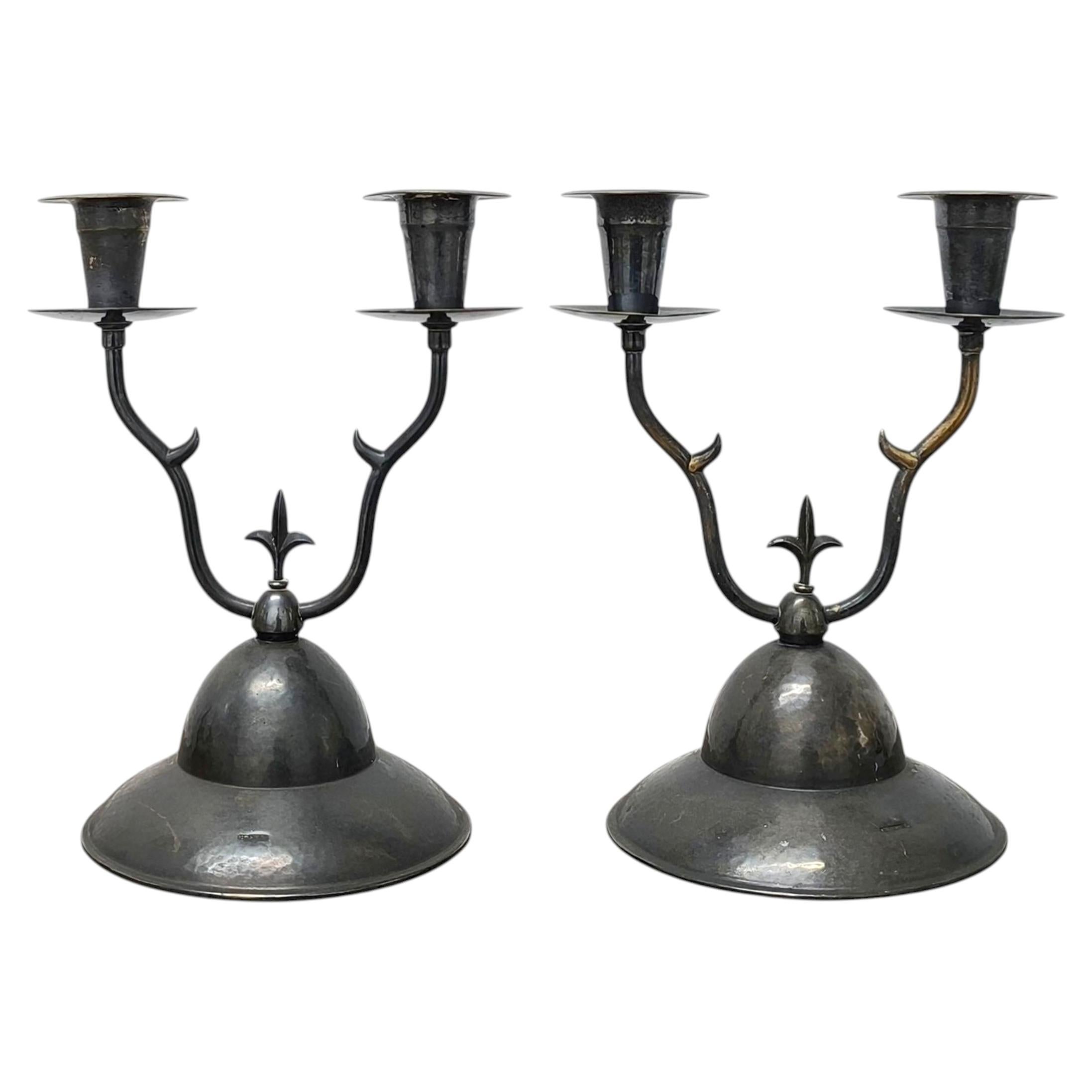 1920s Swedish Grace Candleholders, Two‑Arm Pair, Marked 1:ma N.S. For Sale