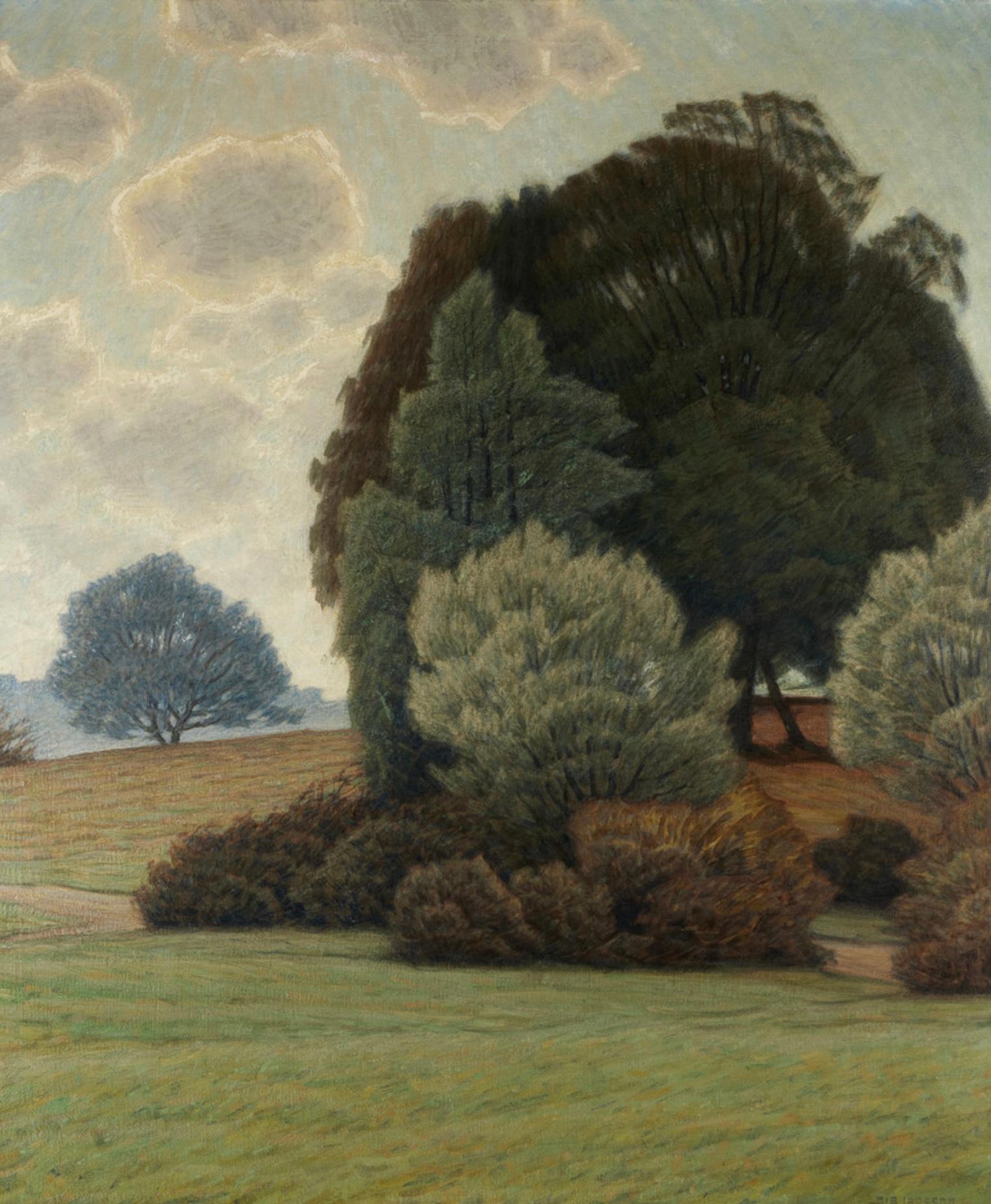 Mid-Century Modern Peinture à l'huile suédoise des années 1920 par Albert Larsson (1869-1952) Paysage avec arbres en vente