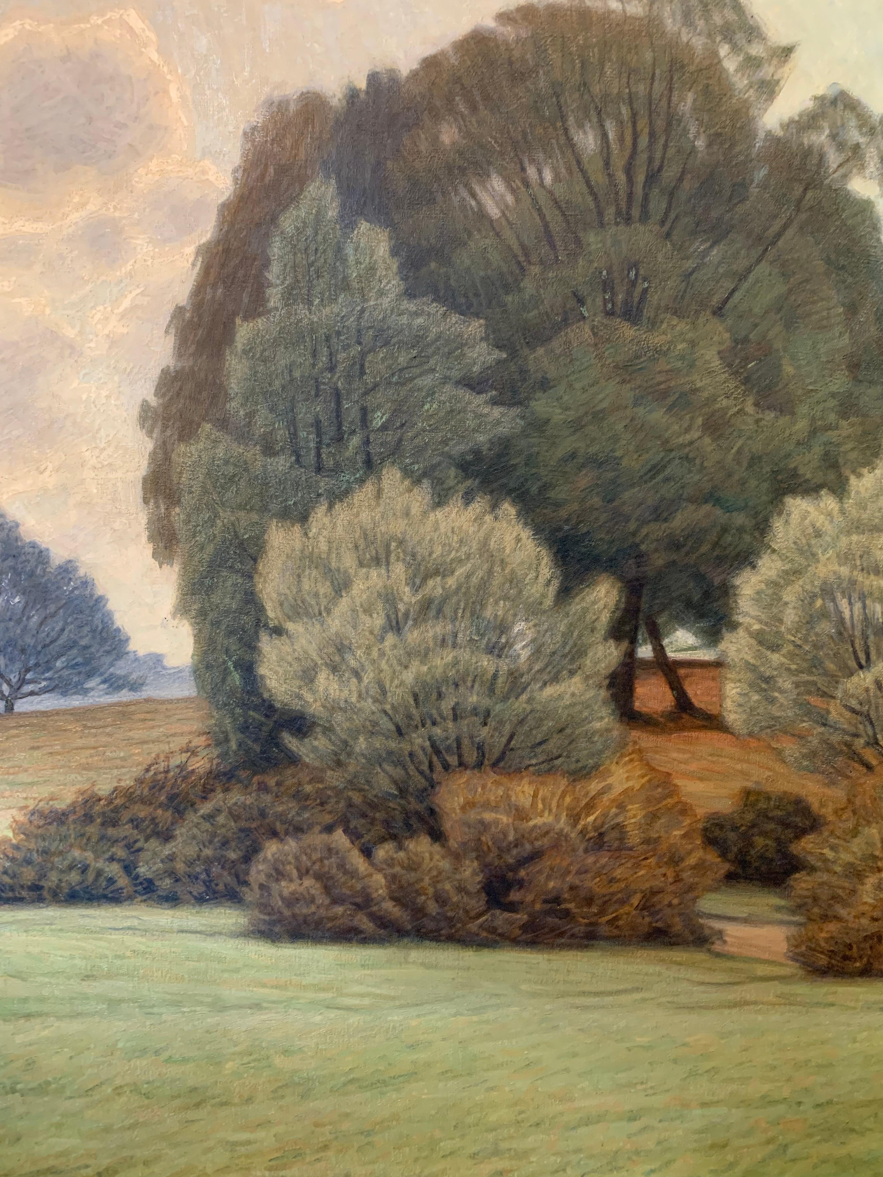 Peint à la main Peinture à l'huile suédoise des années 1920 par Albert Larsson (1869-1952) Paysage avec arbres en vente