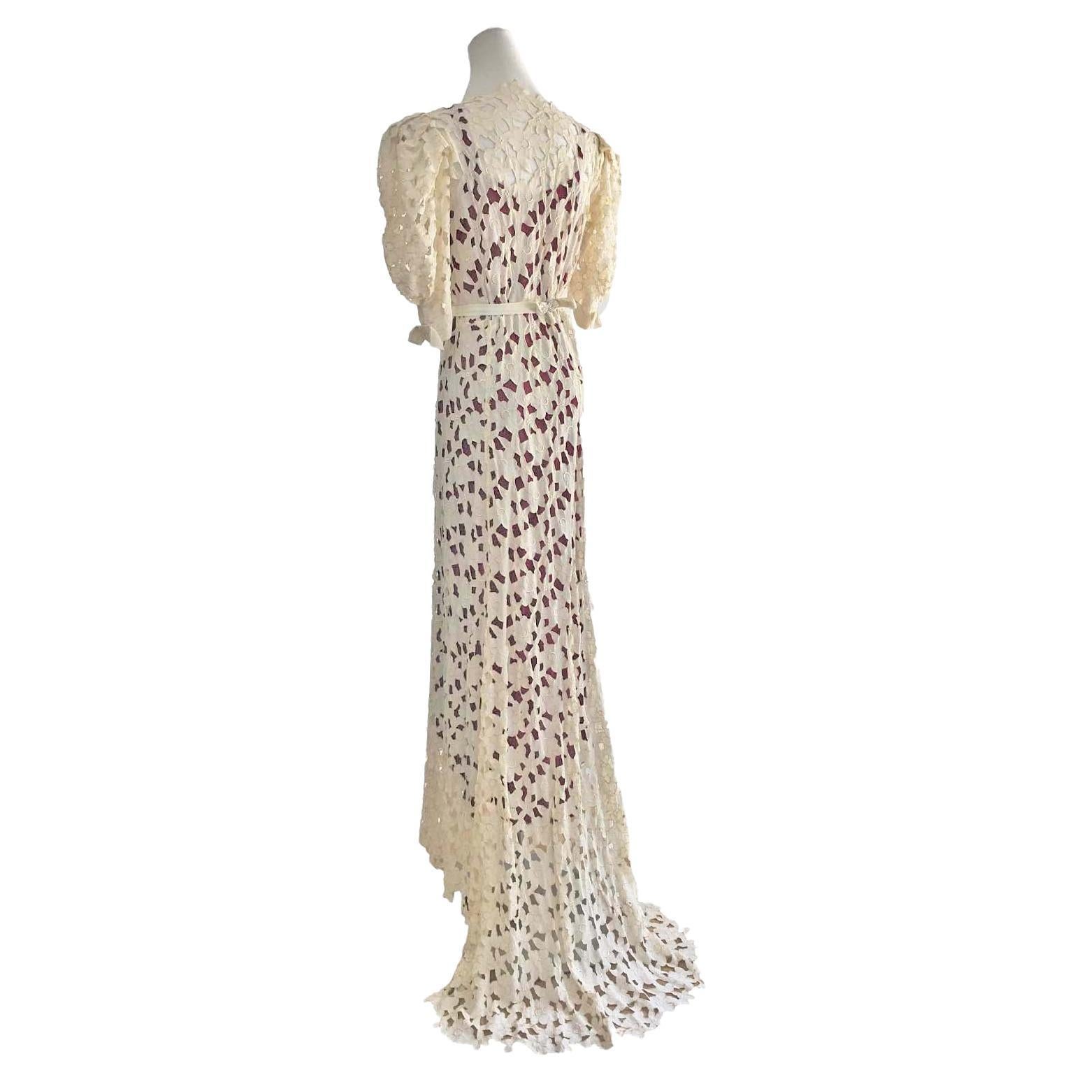 1920s Tailored White Ivory Cutout Lace Dress With Train For Sale