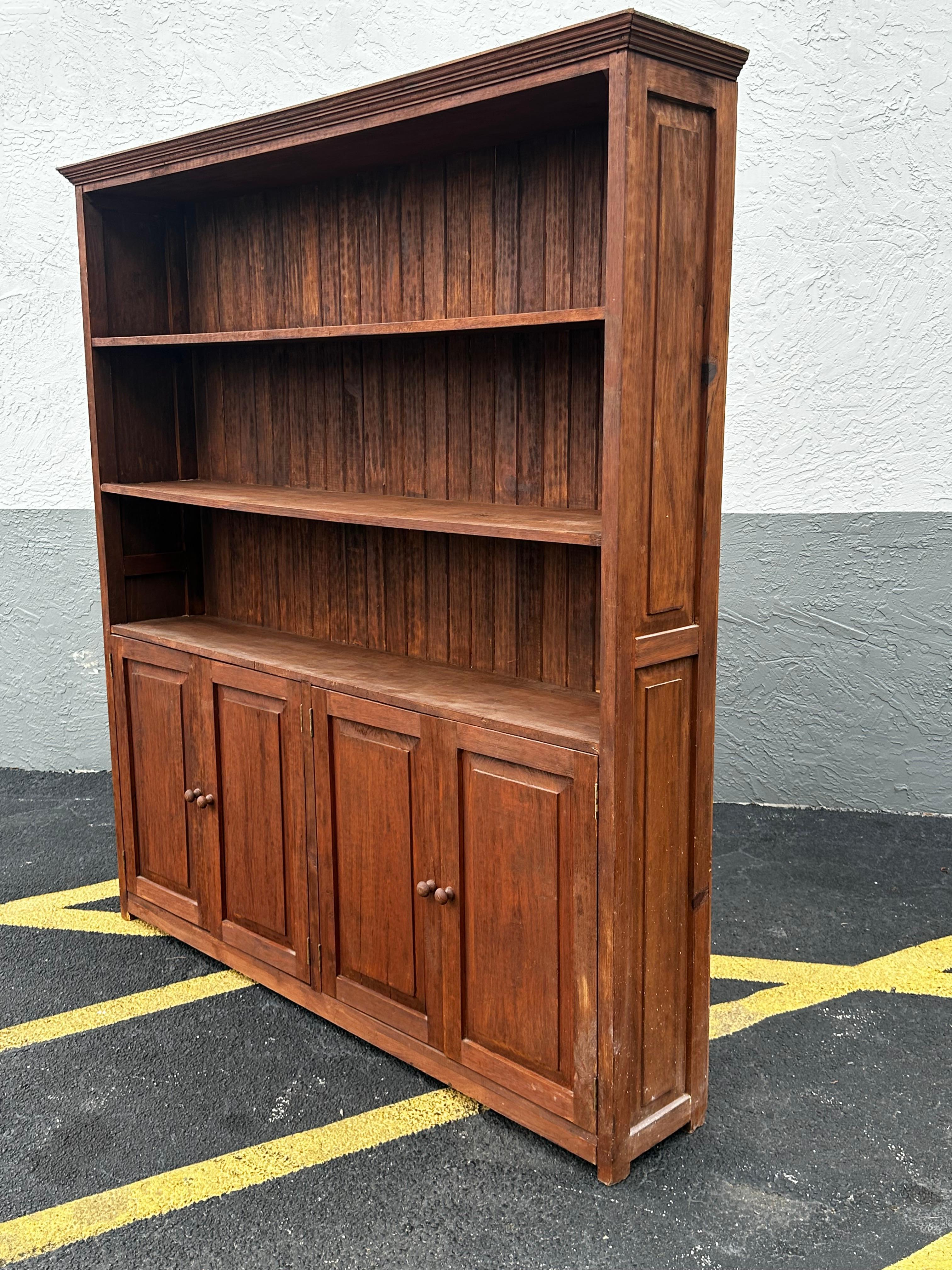 1920s Tall Rustic Spanish Style Bookcase Cabinet Hutch In Good Condition For Sale In Fort Lauderdale, FL