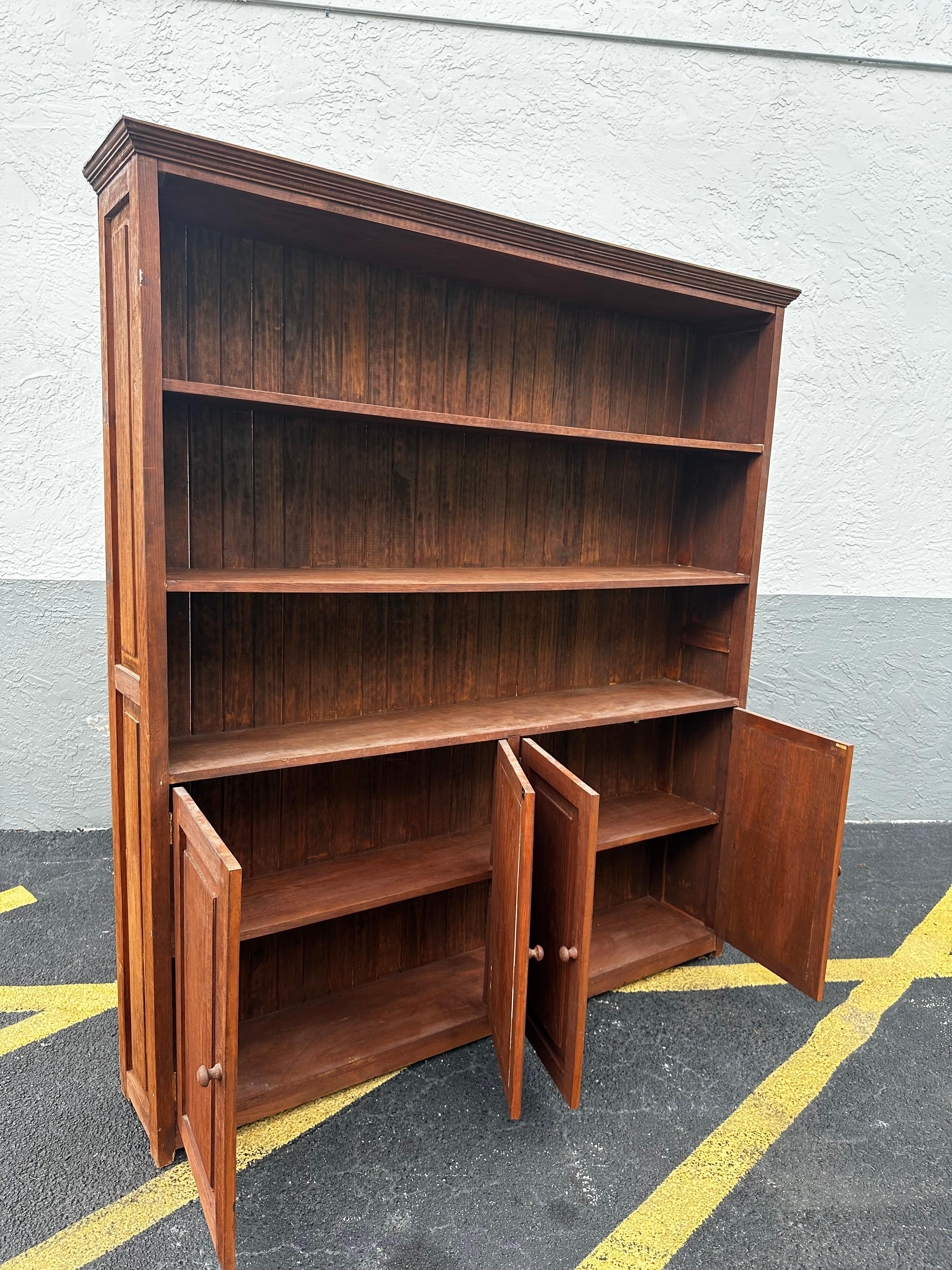 Wood 1920s Tall Rustic Spanish Style Bookcase Cabinet Hutch For Sale