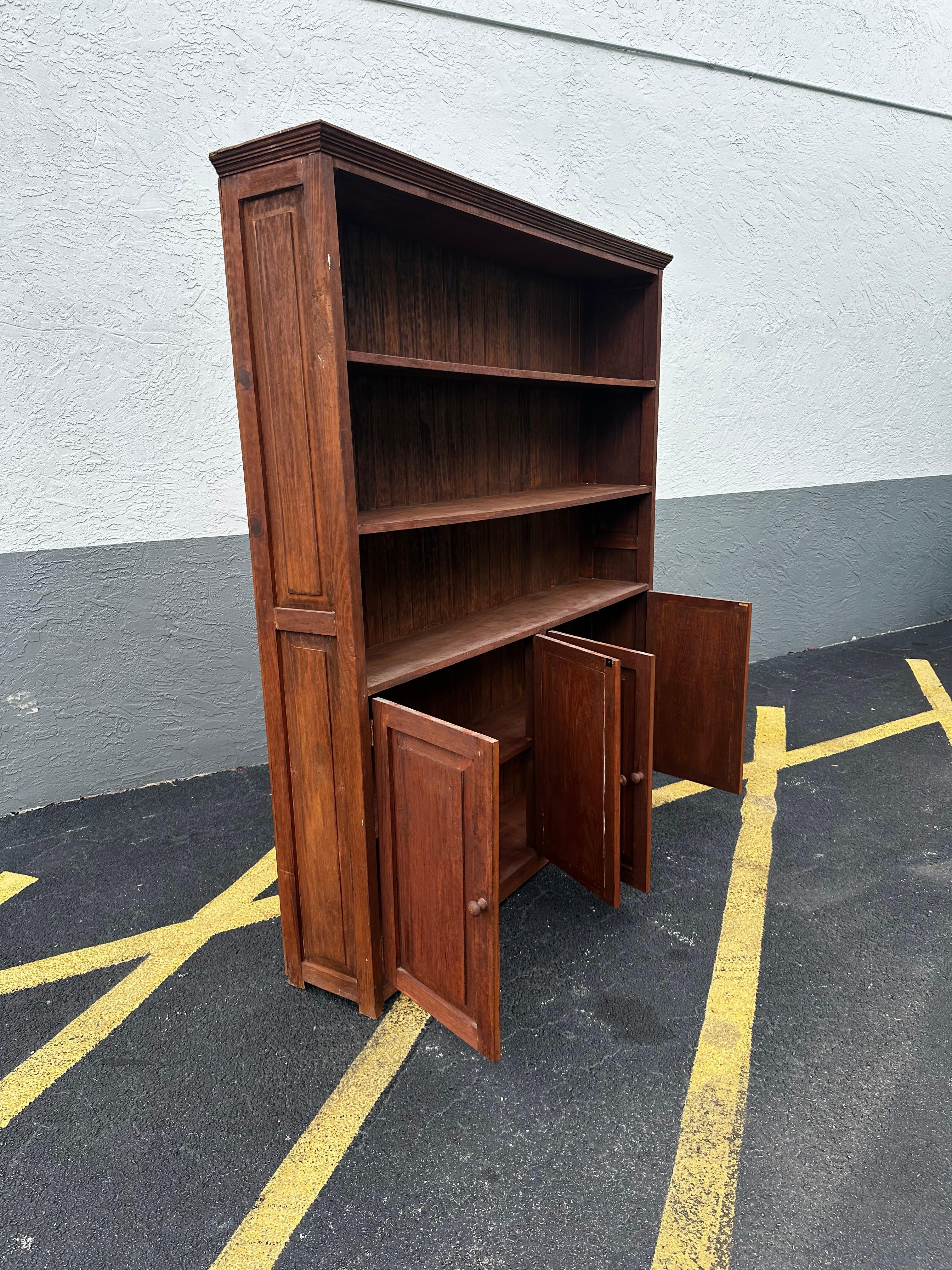 1920s Tall Rustic Spanish Style Bookcase Cabinet Hutch For Sale 1