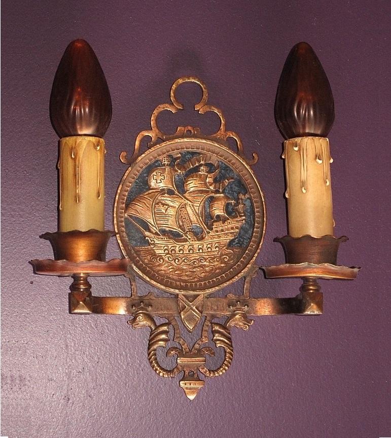 Spanish Colonial 1920s Tall Ship Sconces in Bronze Original Finish and Patina Priced Per Pair For Sale