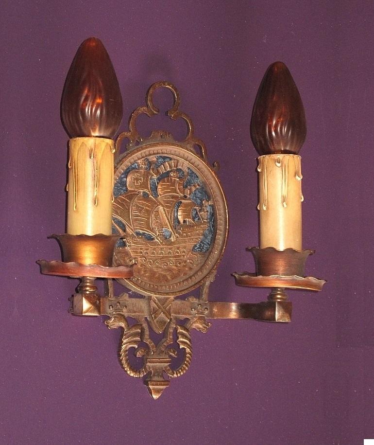 American 1920s Tall Ship Sconces in Bronze Original Finish and Patina Priced Per Pair For Sale
