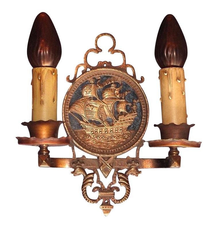 20th Century 1920s Tall Ship Sconces in Bronze Original Finish and Patina Priced Per Pair For Sale