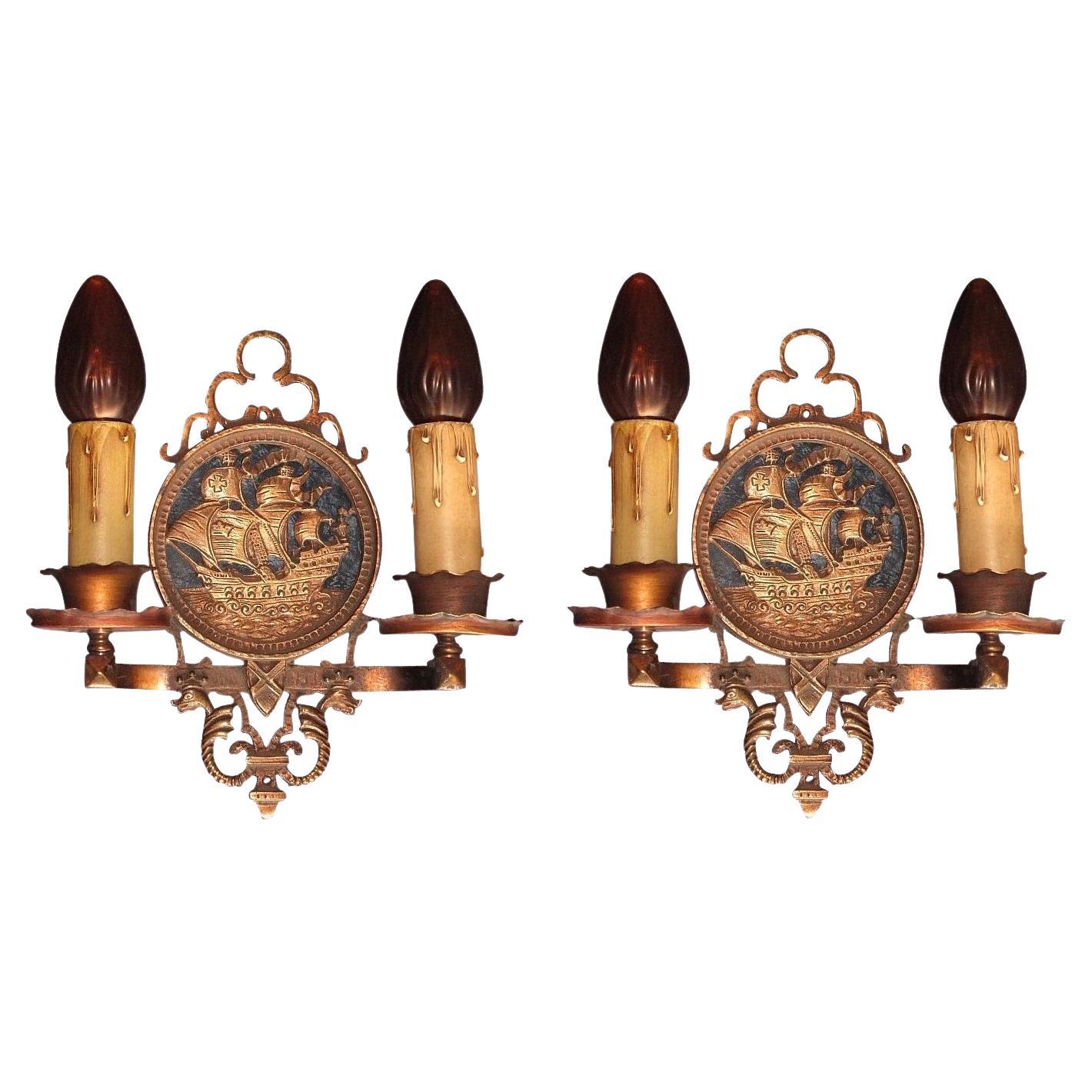 1920s Tall Ship Sconces in Bronze Original Finish and Patina Priced Per Pair For Sale