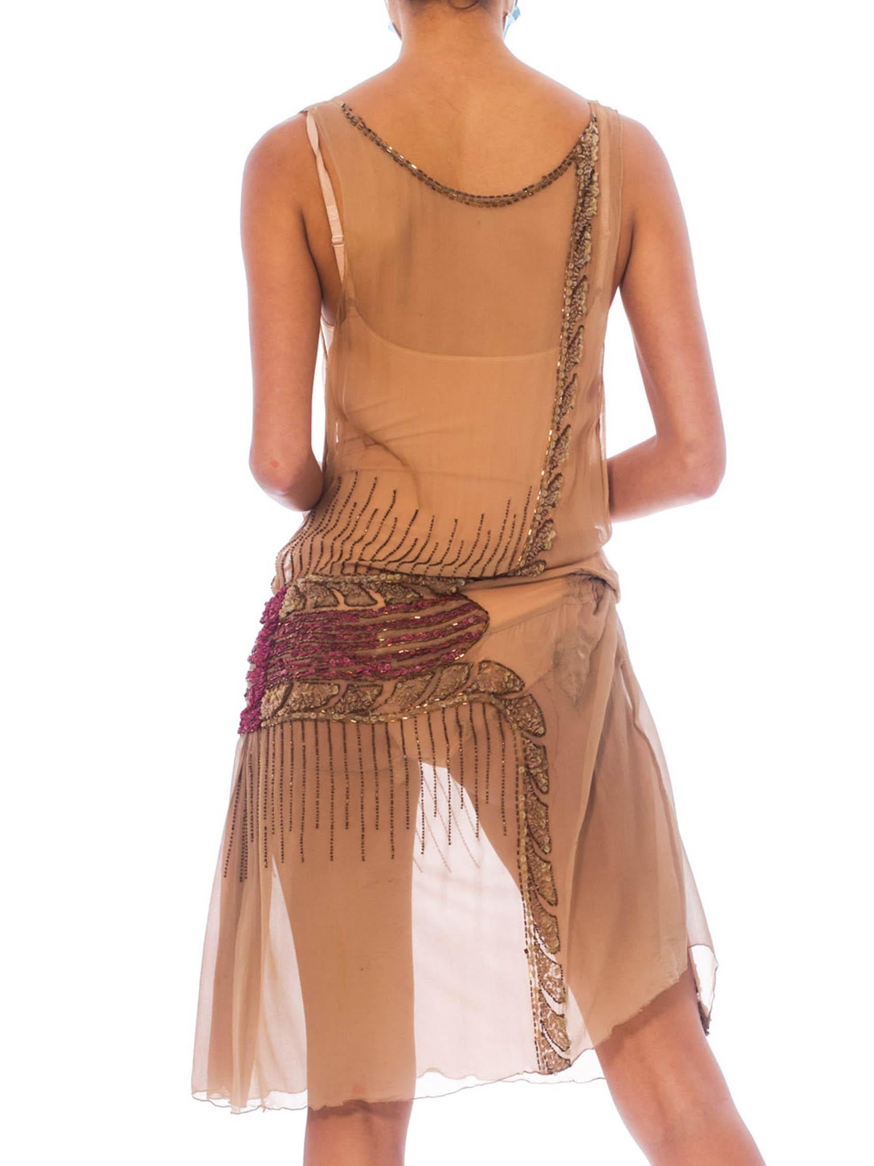 Brown 1920S Tan Silk Chiffon As-Is Beaded Flapper Dress For Sale