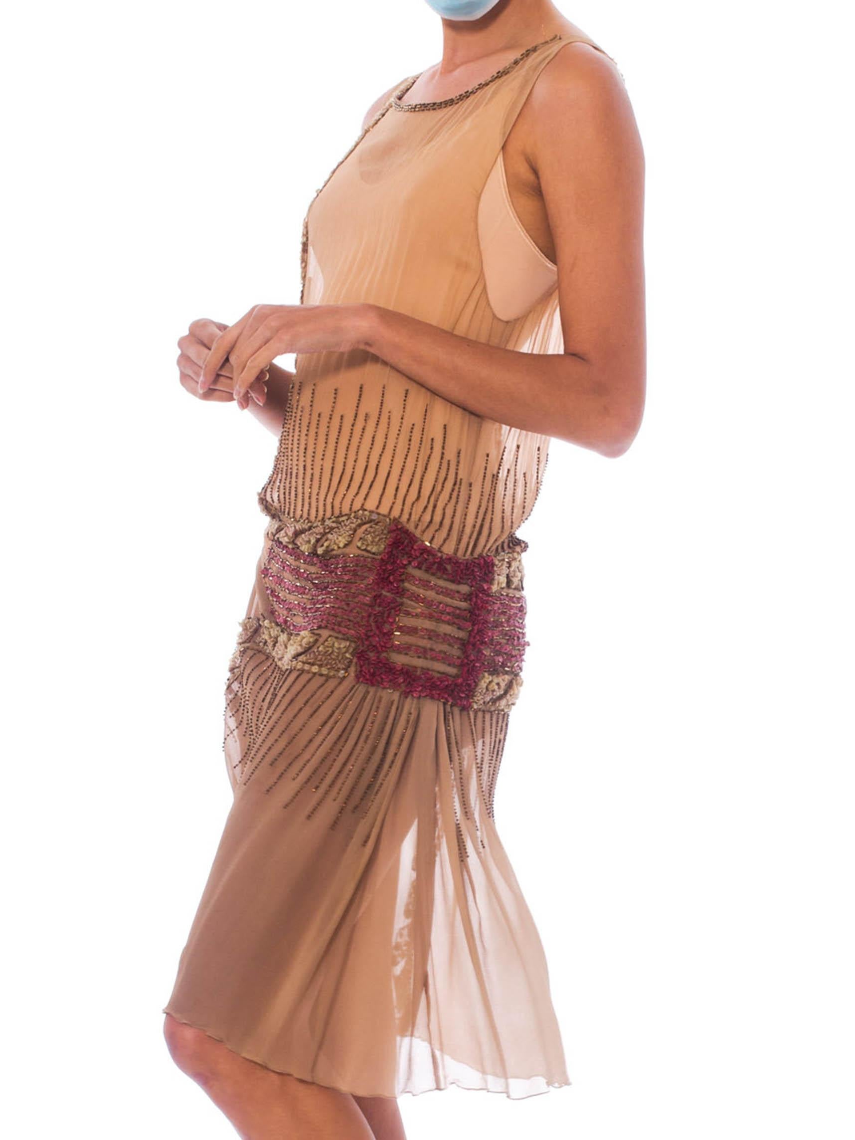 Women's 1920S Tan Silk Chiffon As-Is Beaded Flapper Dress For Sale