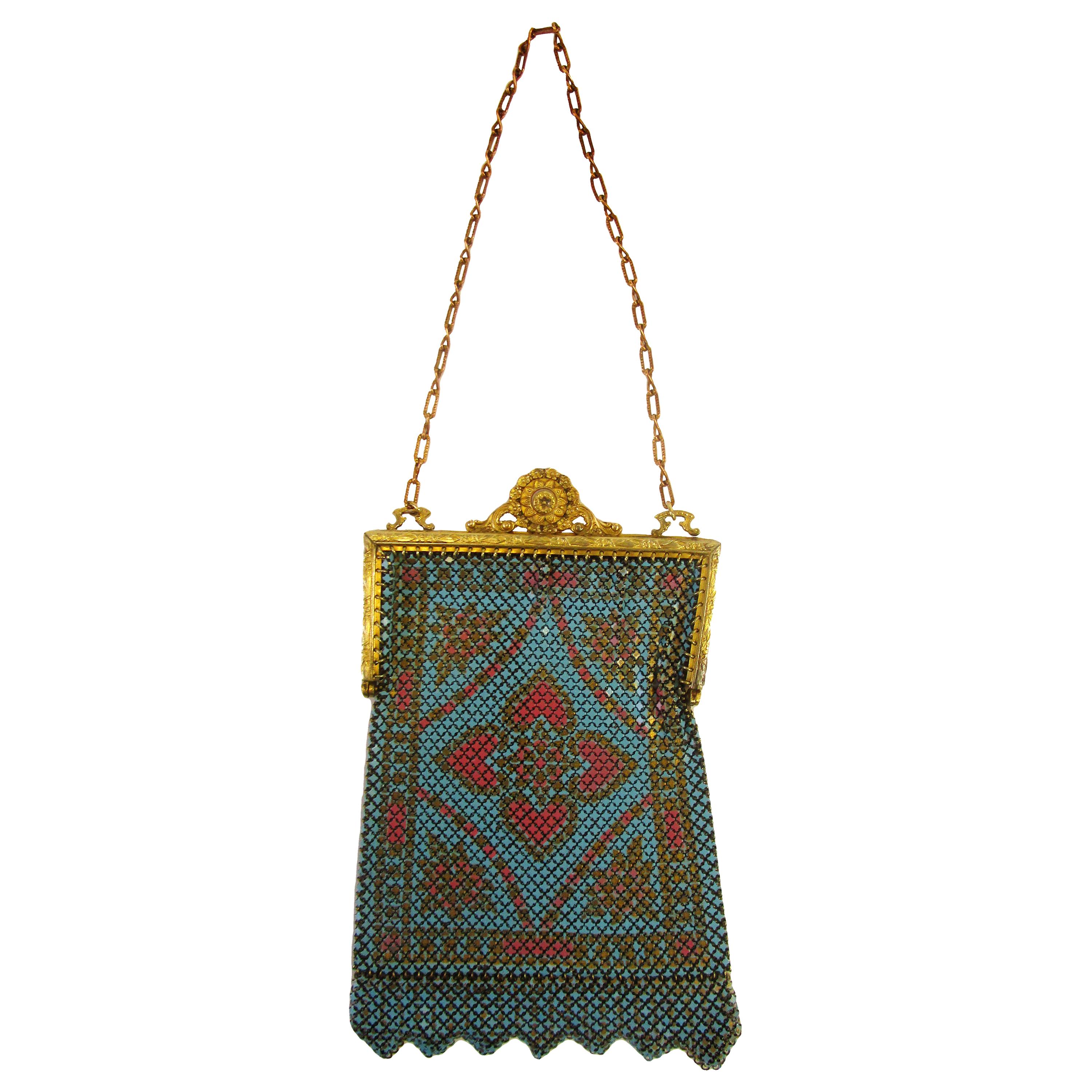 1920's Teal and Coral Mandalian MFG  Painted Flat Mesh Purse For Sale