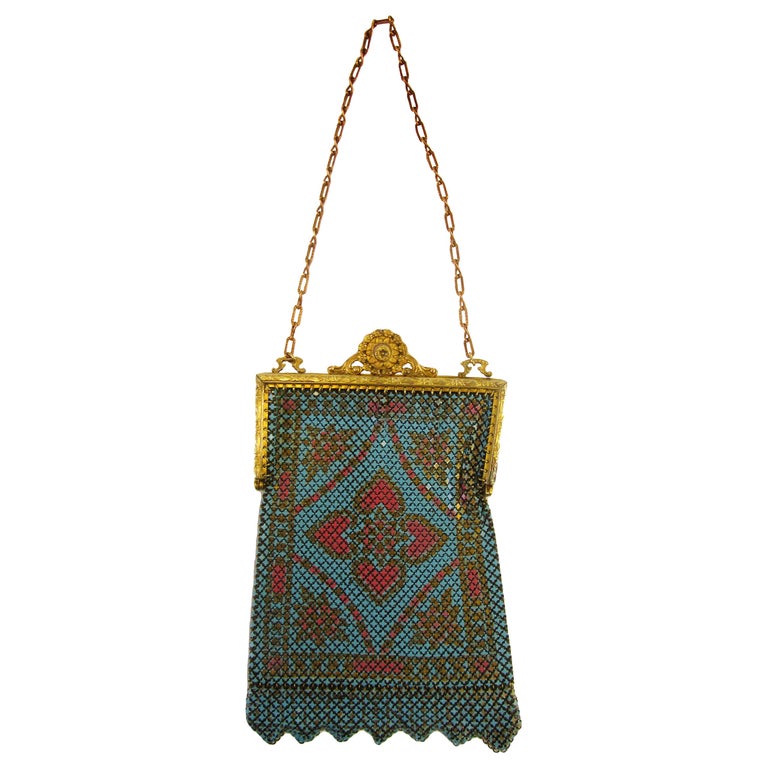 1920's Teal and Coral Mandalian MFG Painted Flat Mesh Purse For Sale at ...