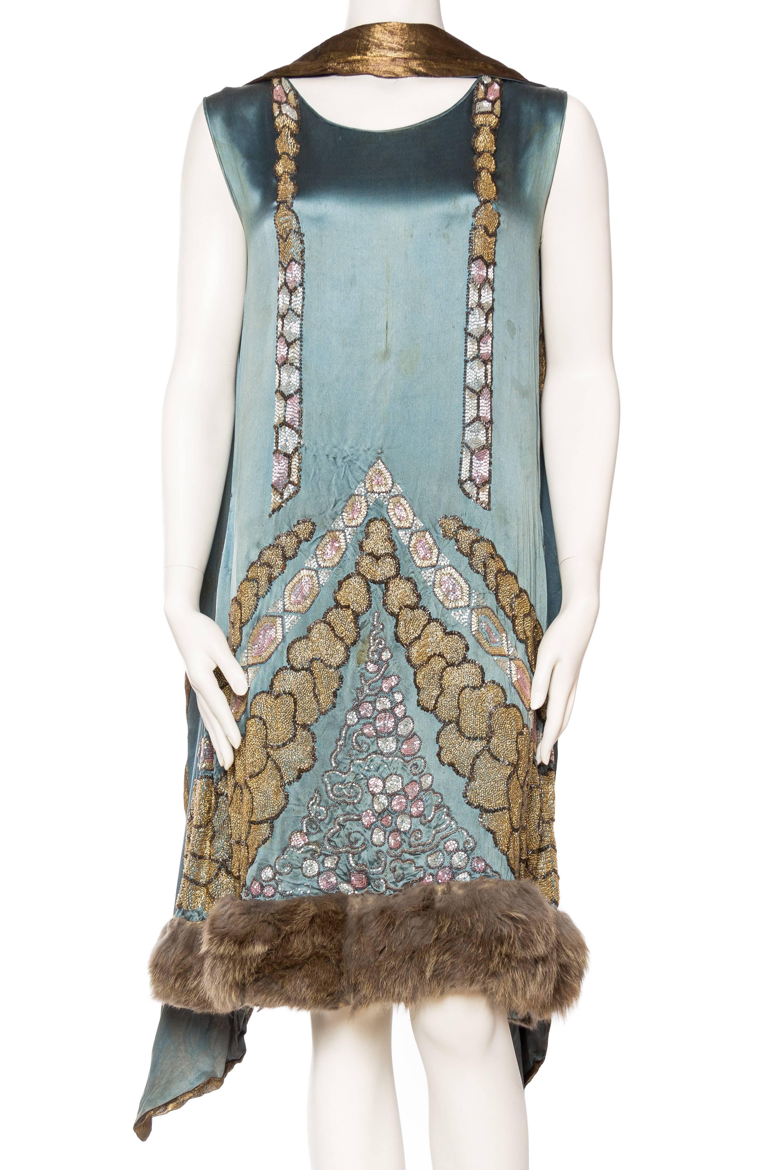 As-Is with some spots all over on the silk 1920S Teal Silk Charmeuse  Deco Beaded Cocktail Dress With Fur Hem & Lamé Shawl 