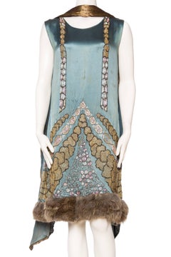 1920S Teal Silk Charmeuse  Deco Beaded Cocktail Dress With Fur Hem & Lamé Shawl