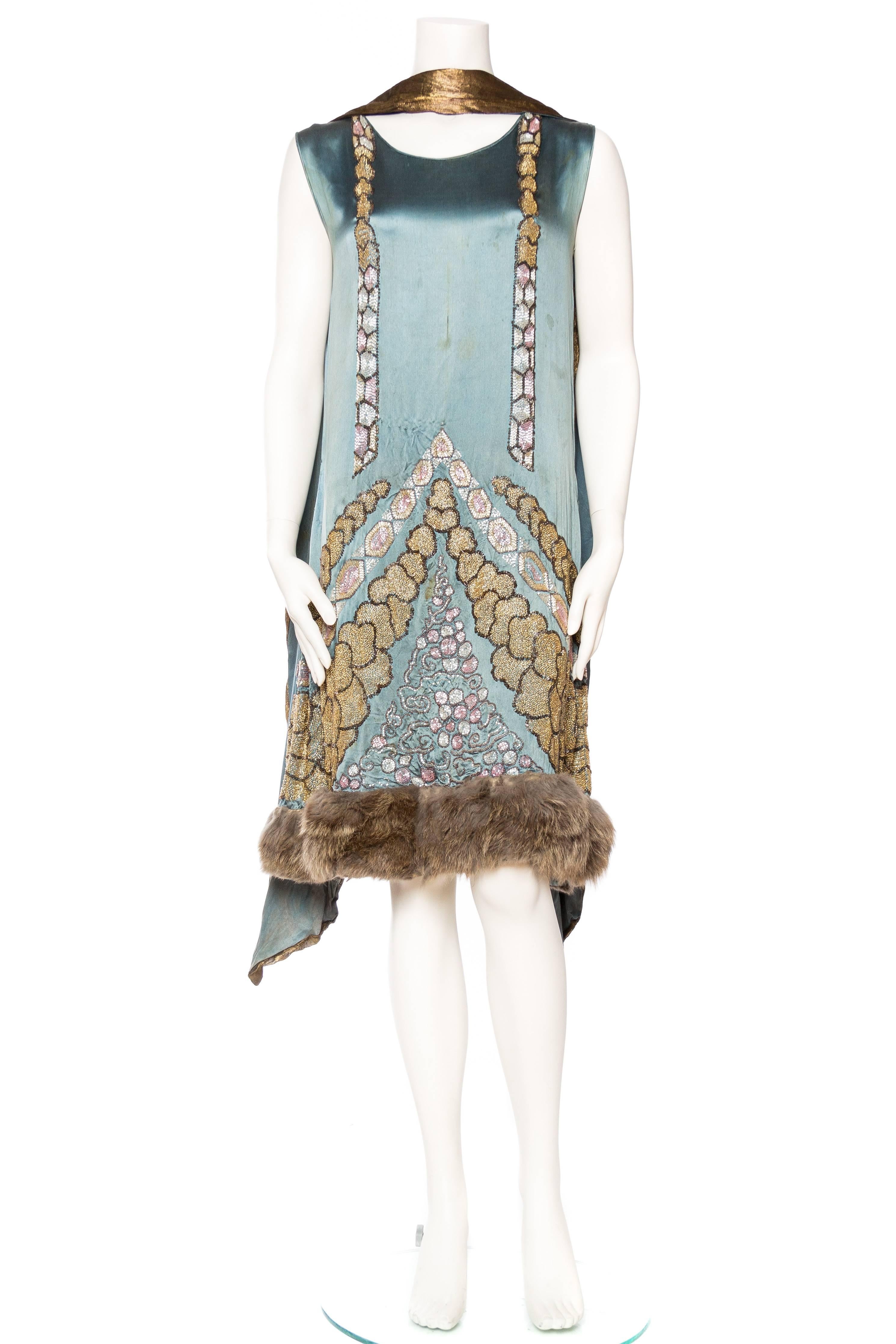 Gray 1920S Teal Silk Charmeuse  Deco Beaded Cocktail Dress With Fur Hem & Lamé Shawl For Sale