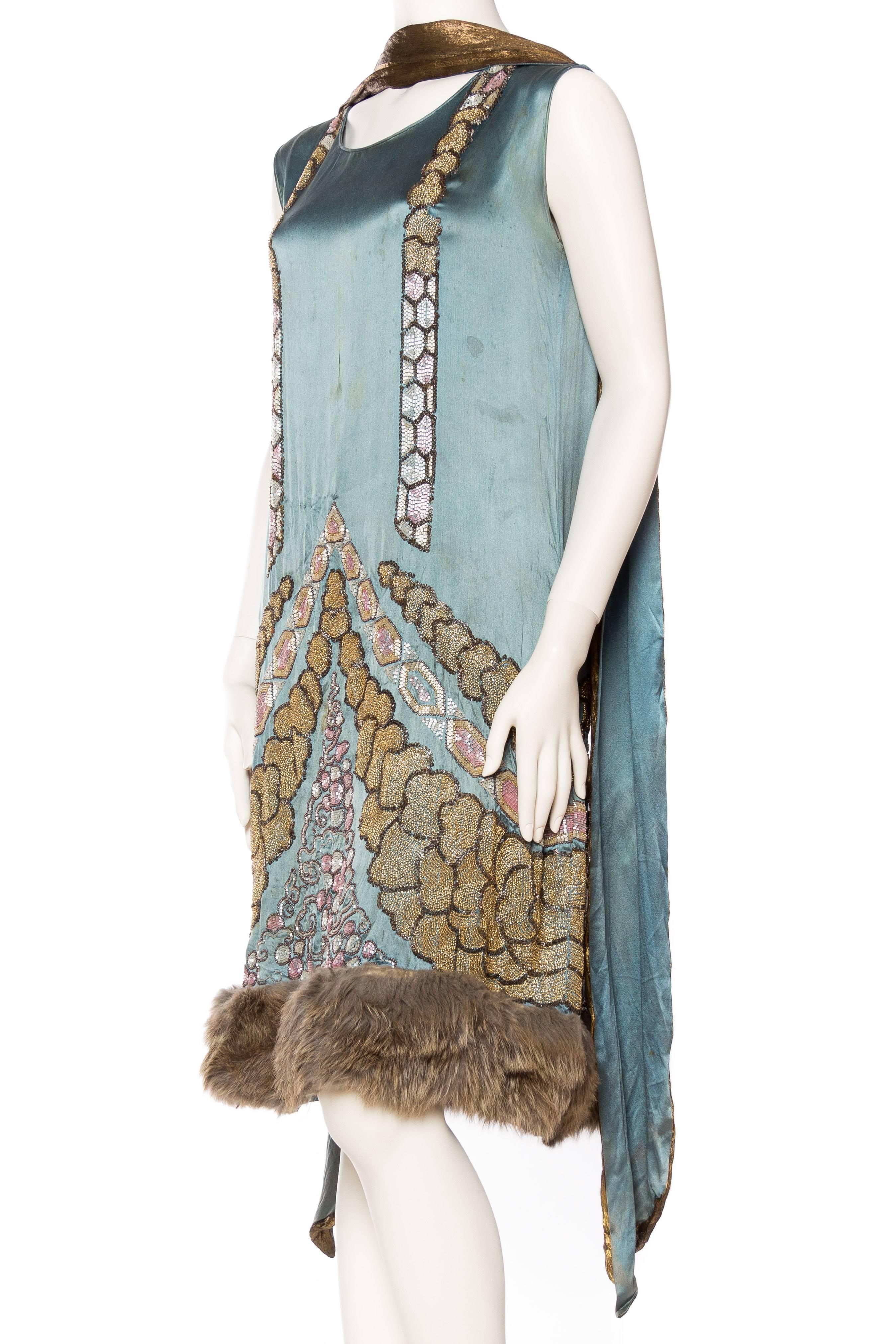 Women's 1920S Teal Silk Charmeuse  Deco Beaded Cocktail Dress With Fur Hem & Lamé Shawl For Sale