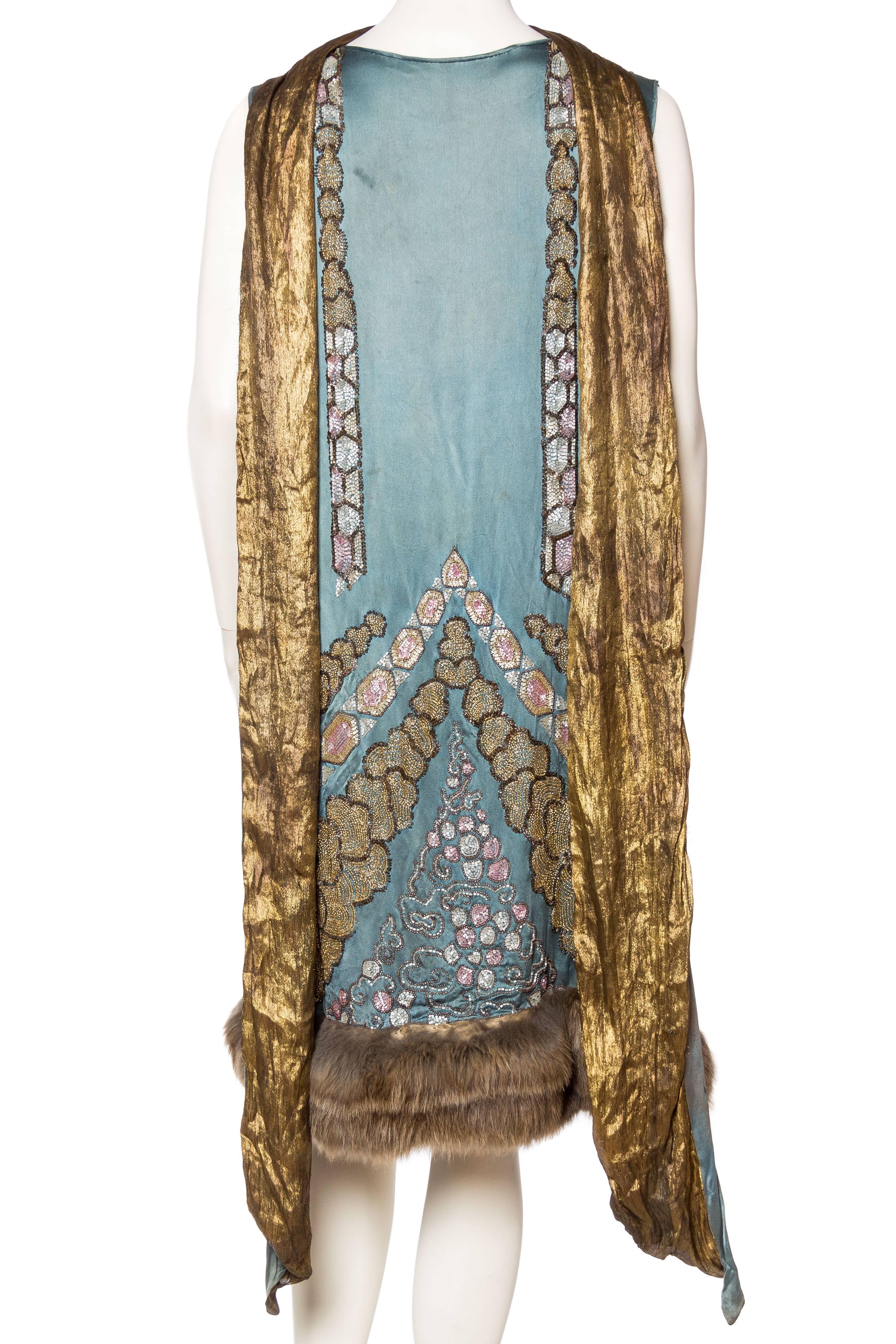 1920S Teal Silk Charmeuse  Deco Beaded Cocktail Dress With Fur Hem & Lamé Shawl For Sale 1