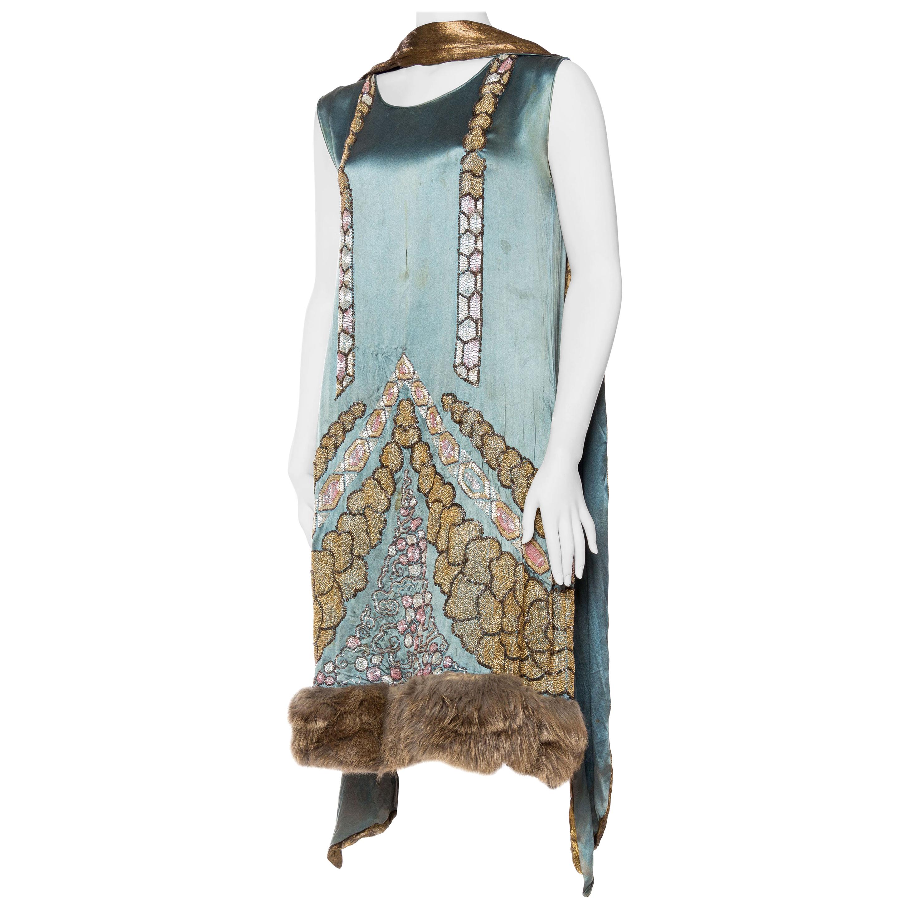1920S Teal Silk Charmeuse  Deco Beaded Cocktail Dress With Fur Hem & Lamé Shawl For Sale