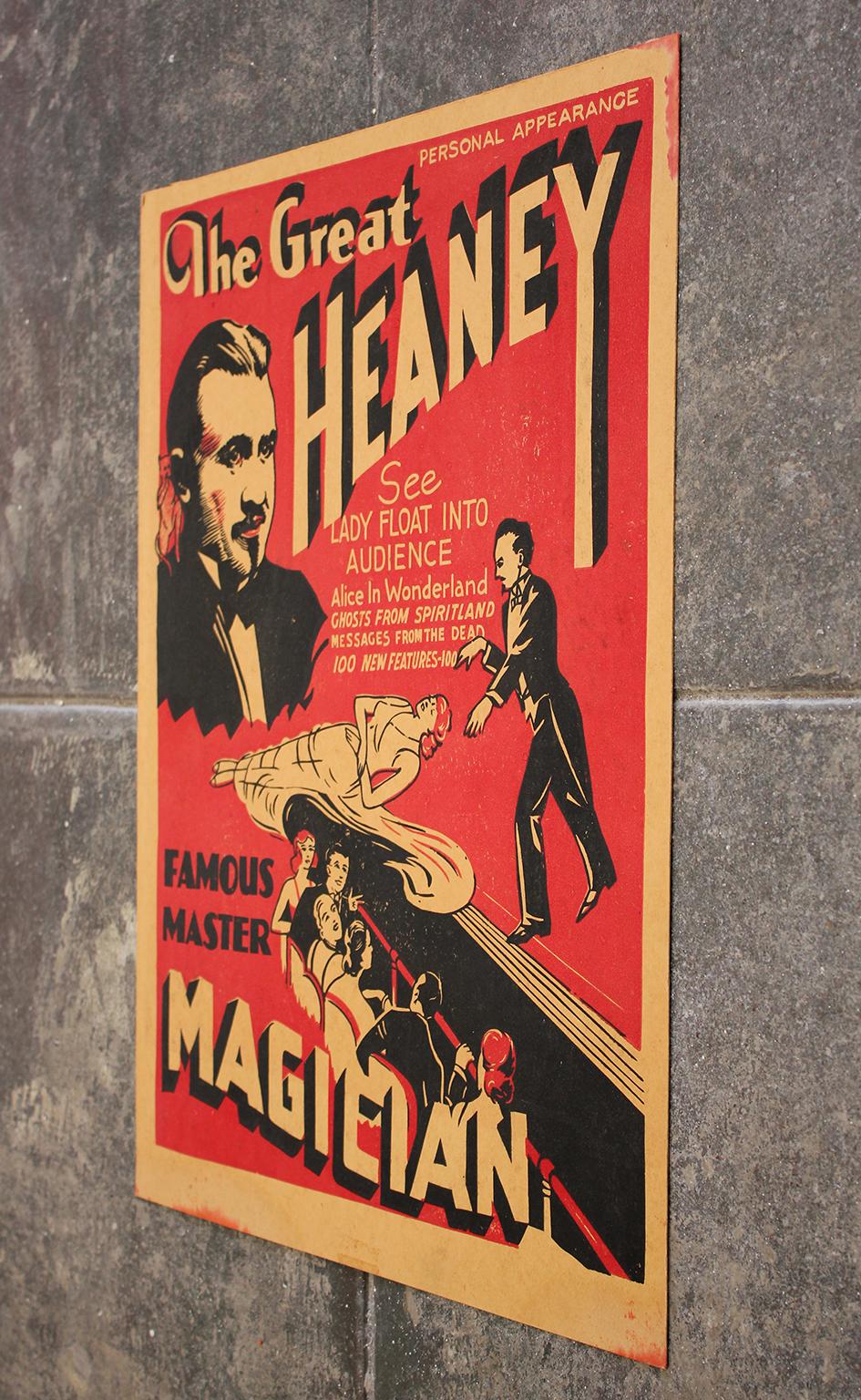 Affiche publicitaire « The Great Heaney » des années 1920, Magician Magic Oddity, carte de fenêtre Bon état - En vente à San Diego, CA