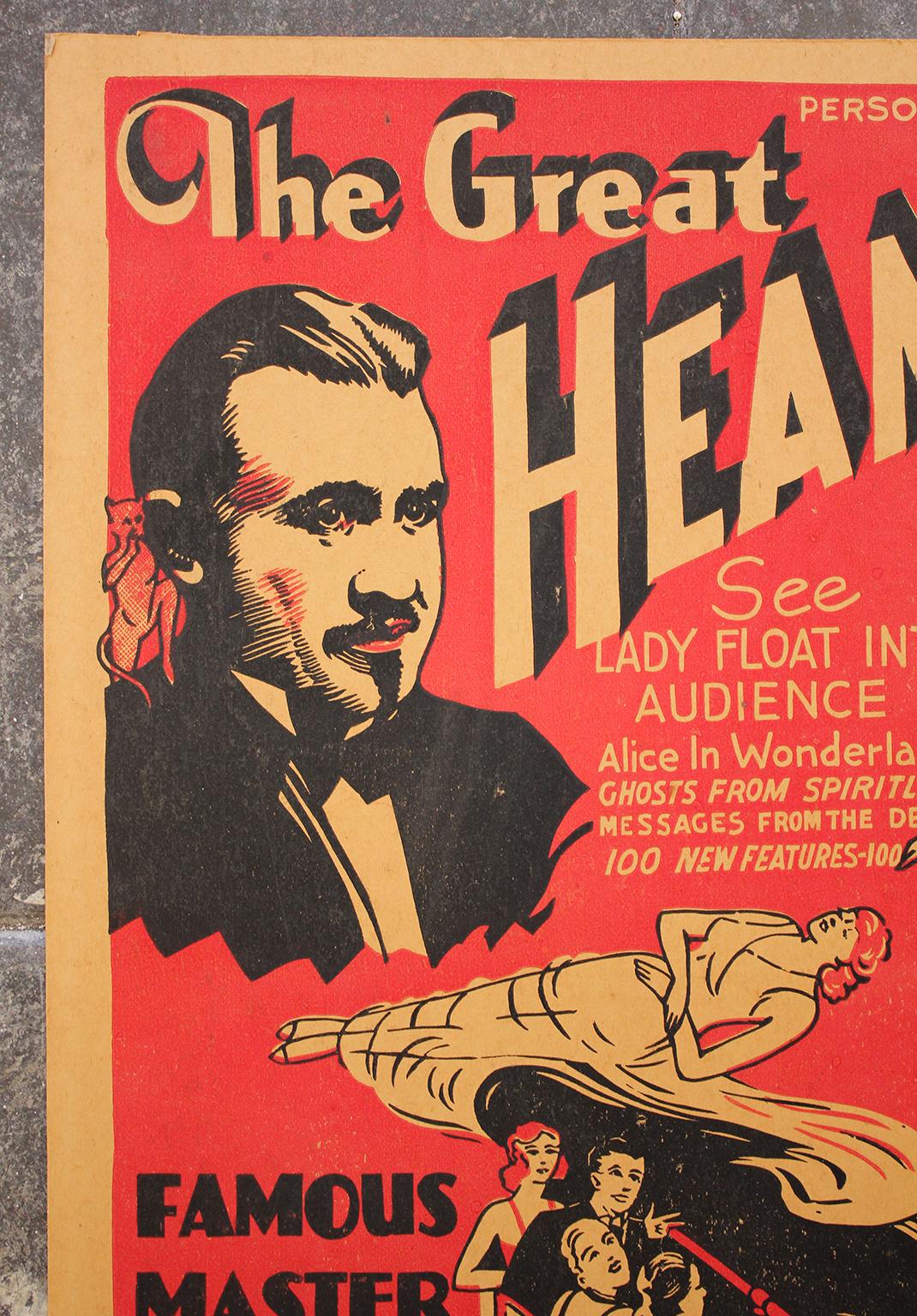 Papier Affiche publicitaire « The Great Heaney » des années 1920, Magician Magic Oddity, carte de fenêtre en vente