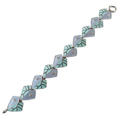 1920s Theodor Fahrner Art Deco Matte Enamel Silver Stylized Leaves Bracelet