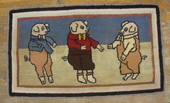 1920s Three Little Pigs Colorful Antique American Hooked Rug 2'0" x 3'3" Carpet