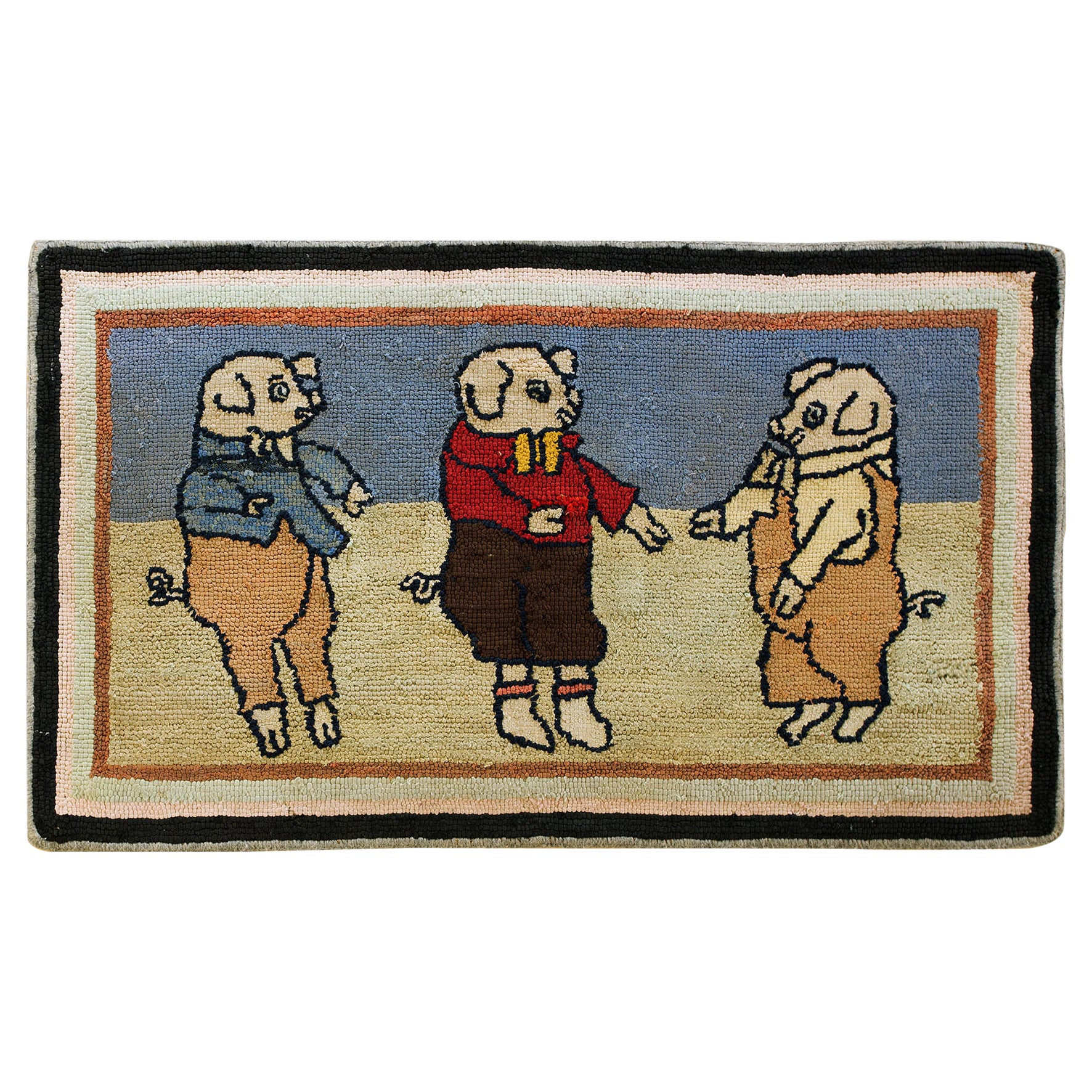 1920s Three Little Pigs Colorful Antique American Hooked Rug 2
0" x 3
3" Carpet For Sale