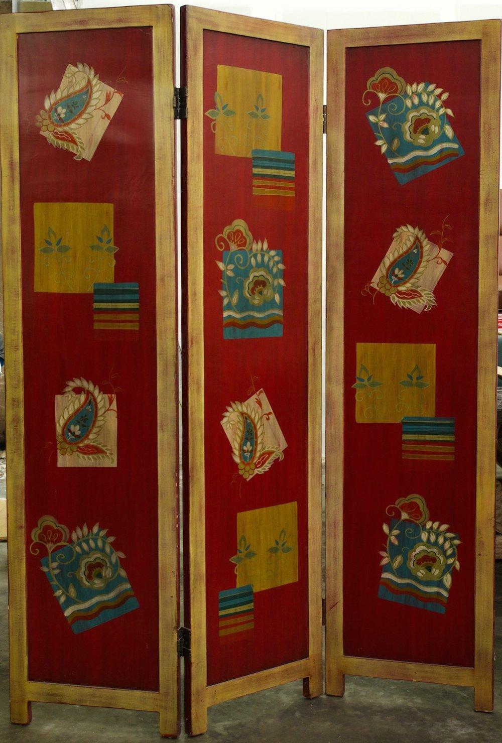 Vienna Werkstatte style screen, circa 1950, in gold and silver leaf with red lacquer background and multi-colored decoration. Double-sided with differing treatments on each side. Each panel 18