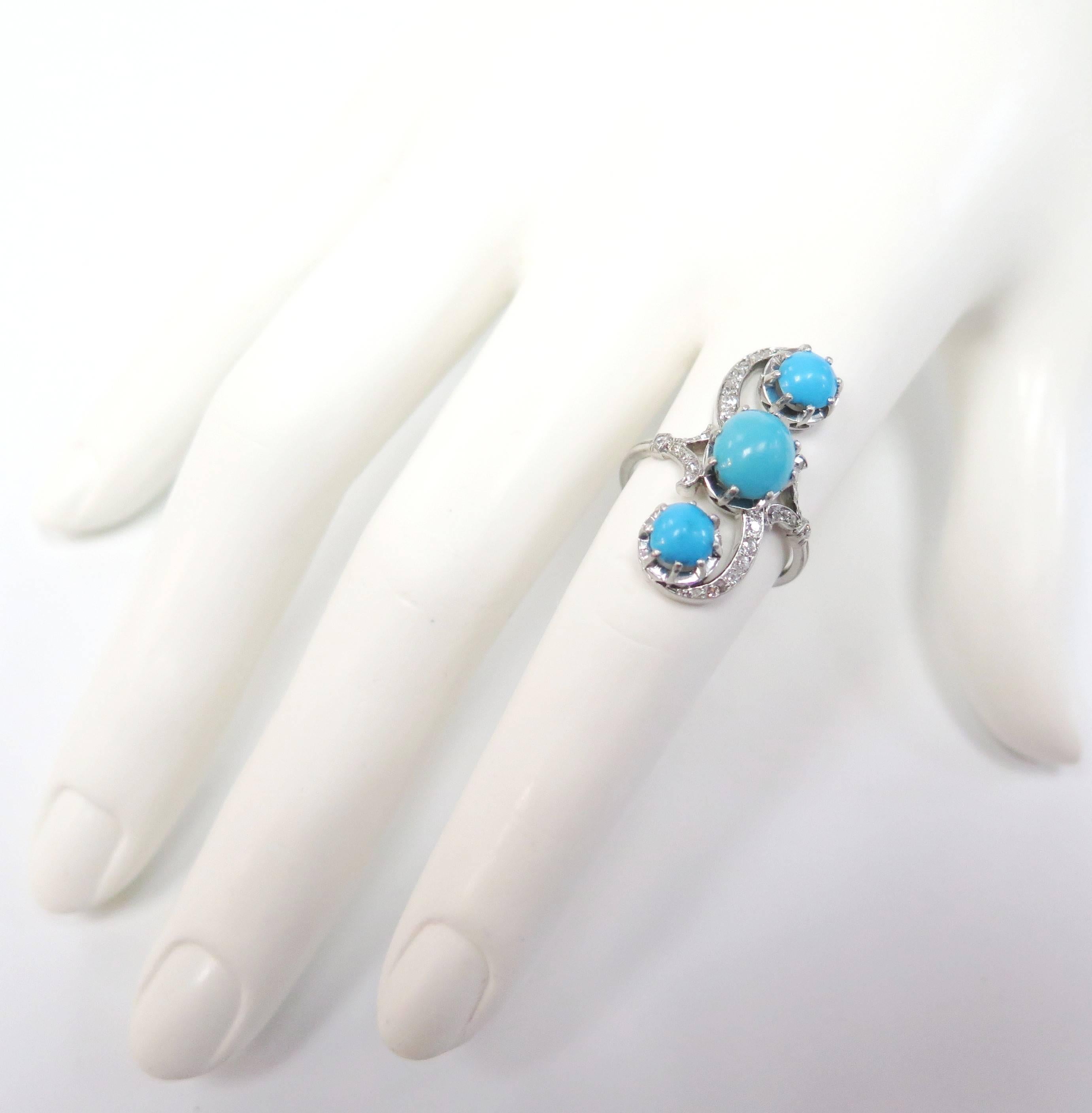 1920s Three Turquoise Ring with Old Cut Diamonds / Platinum 1