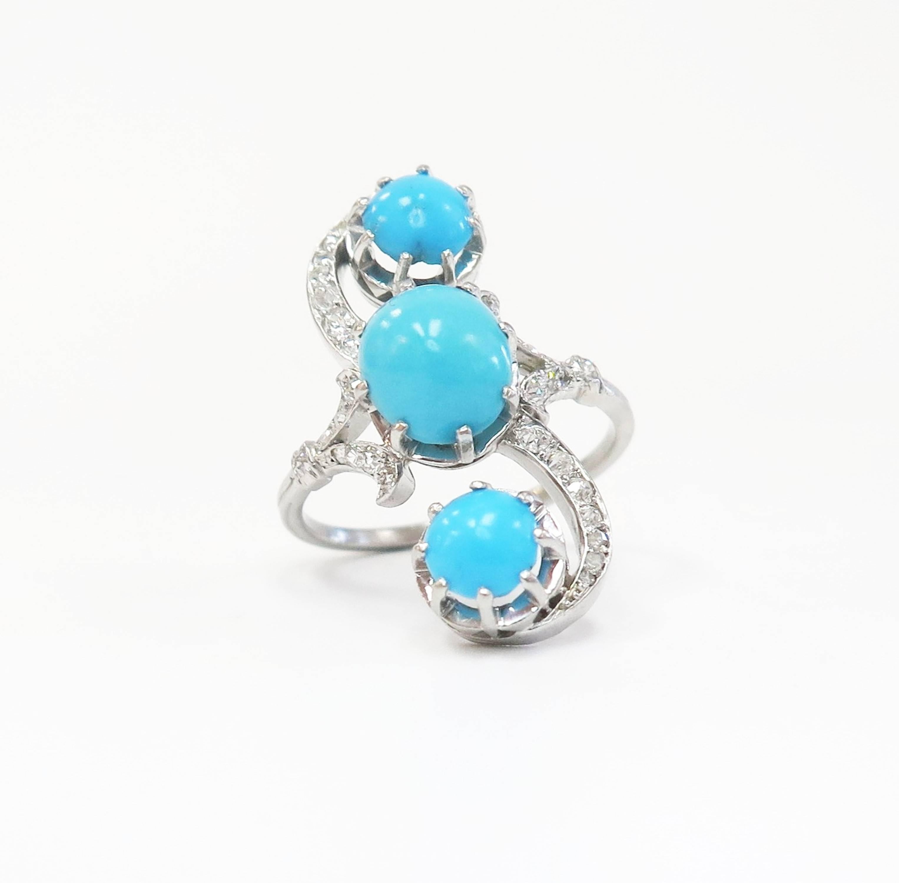 1920s Three Turquoise Ring with Old Cut Diamonds / Platinum 2