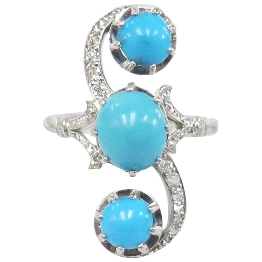 1920s Three Turquoise Ring with Old Cut Diamonds / Platinum