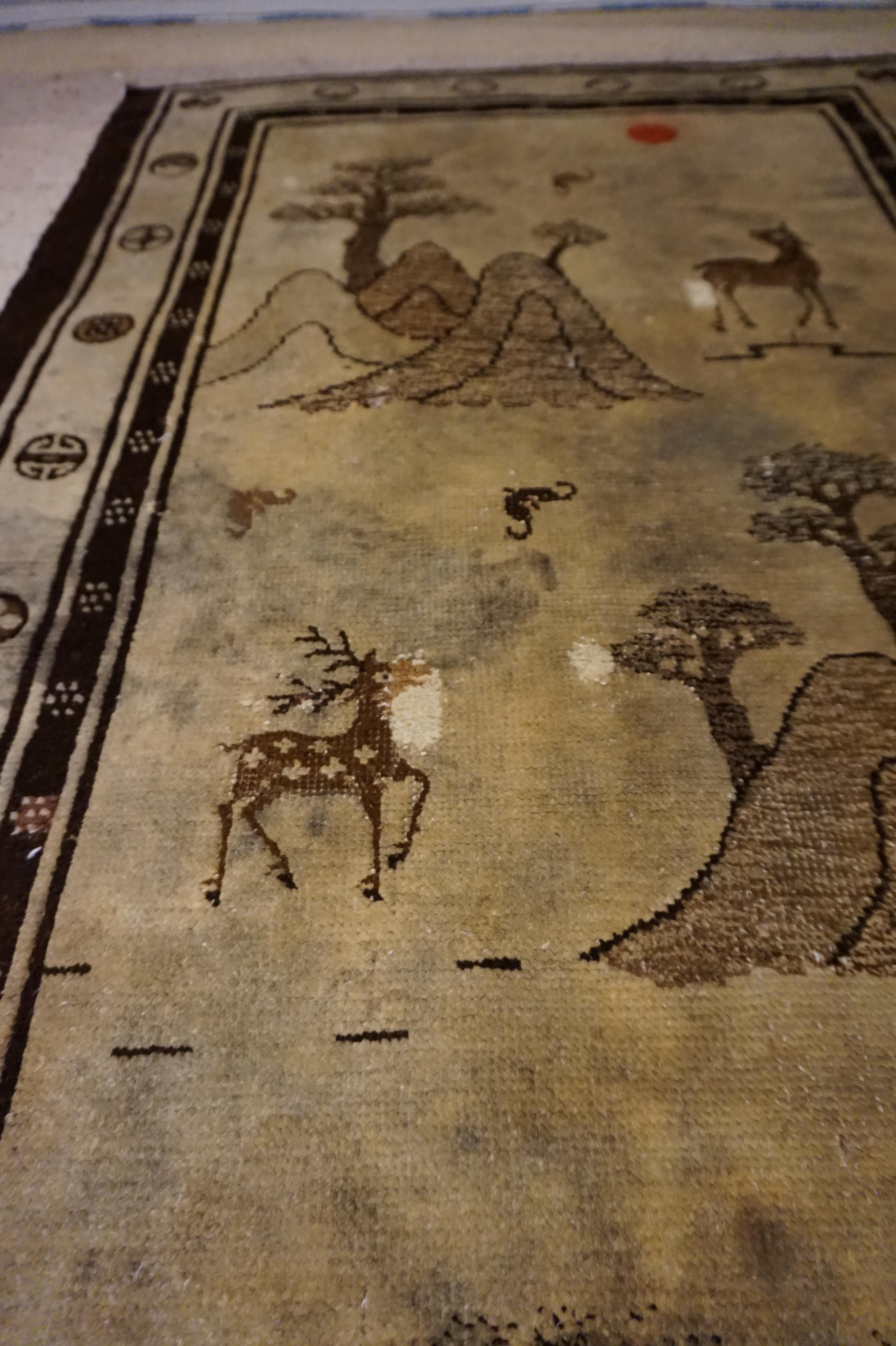 Asian 1920s Tibetan Hand Knotted Deer and Seasons Rug Symbolism Sepia Tone Red Sun