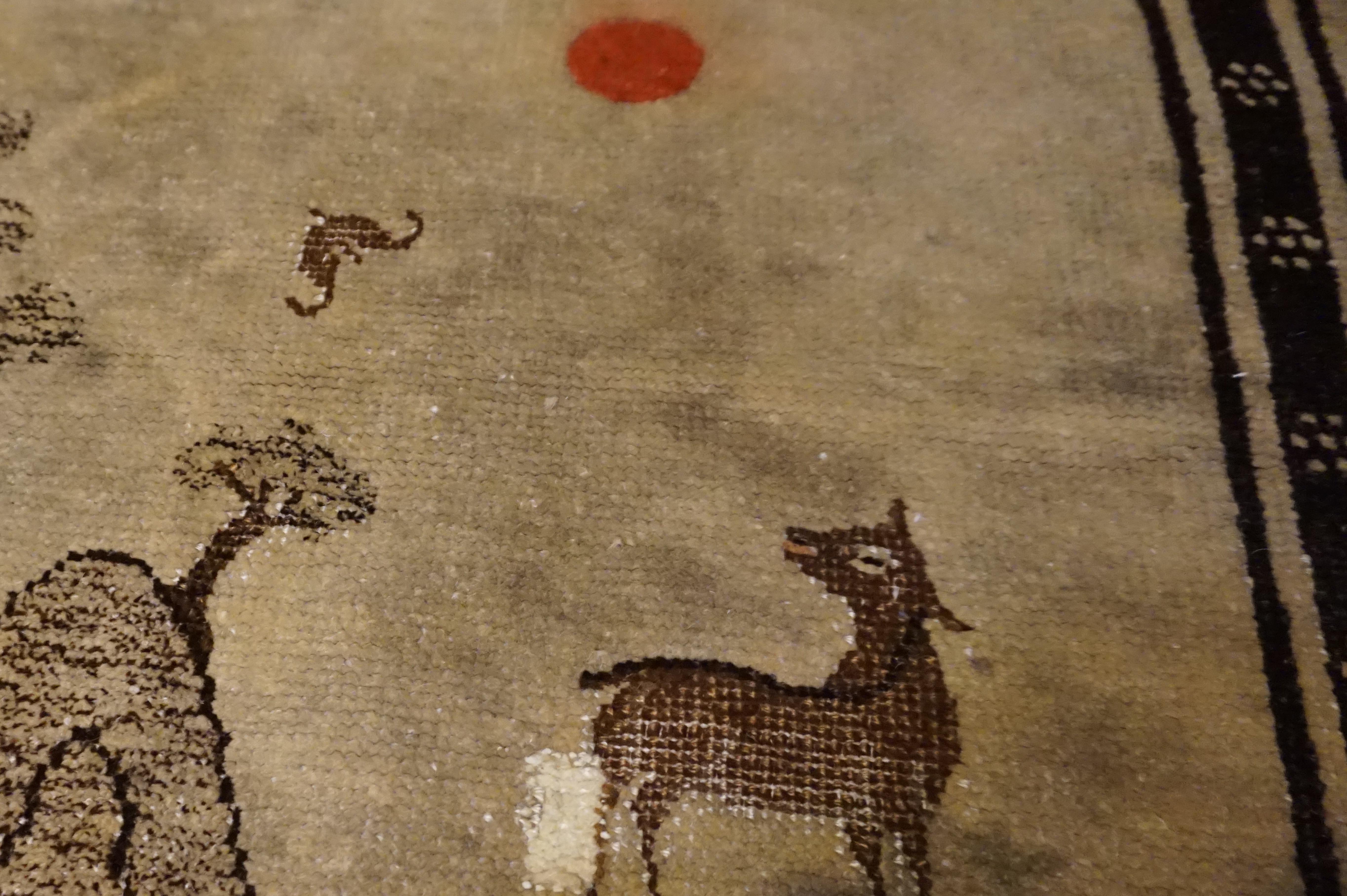 1920s Tibetan Hand Knotted Deer and Seasons Rug Symbolism Sepia Tone Red Sun In Fair Condition In Vancouver, British Columbia