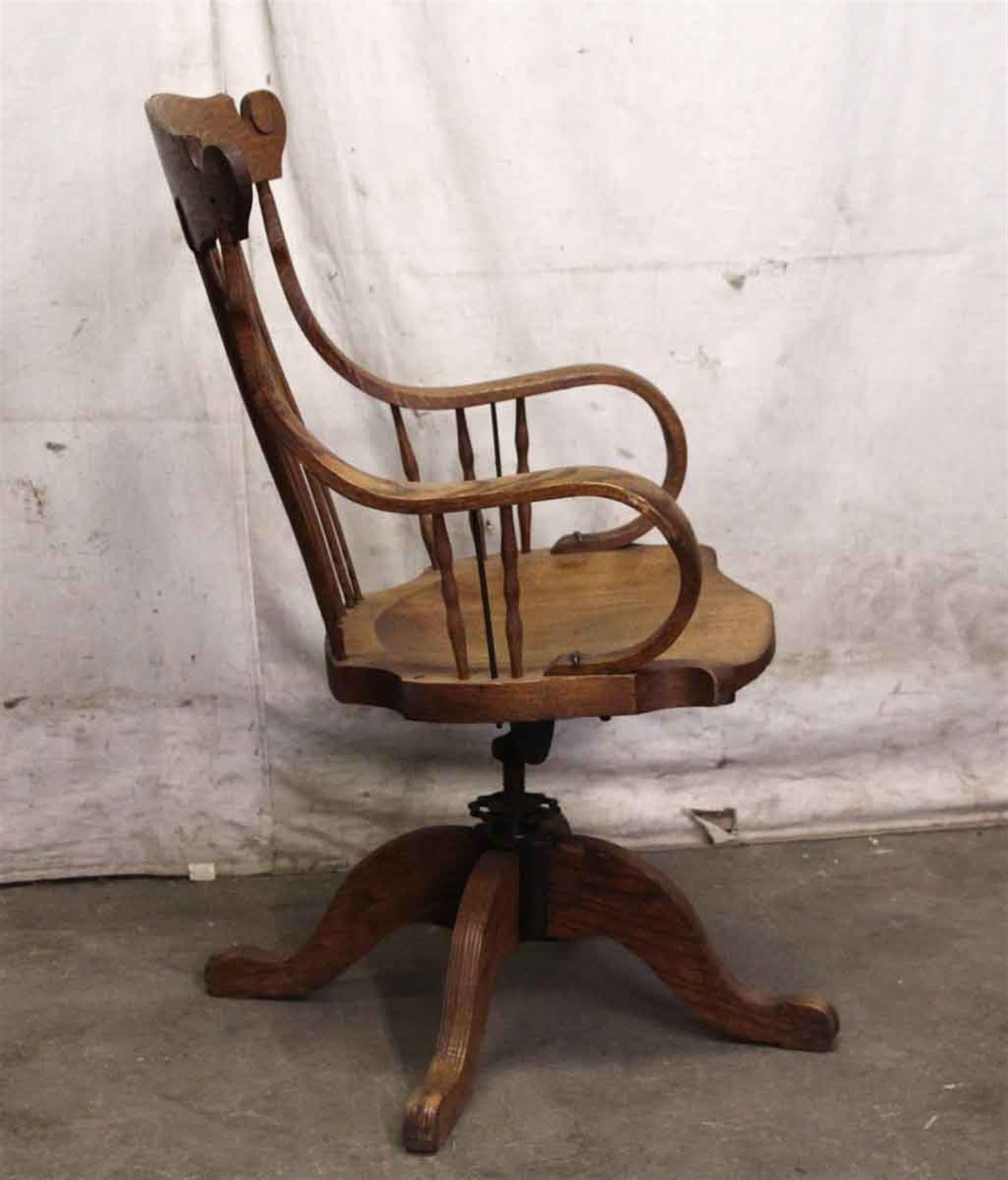 Industrial 1920s Tiger Oak Spindle Back Adjustable Swivel Chair with Bentwood Arms