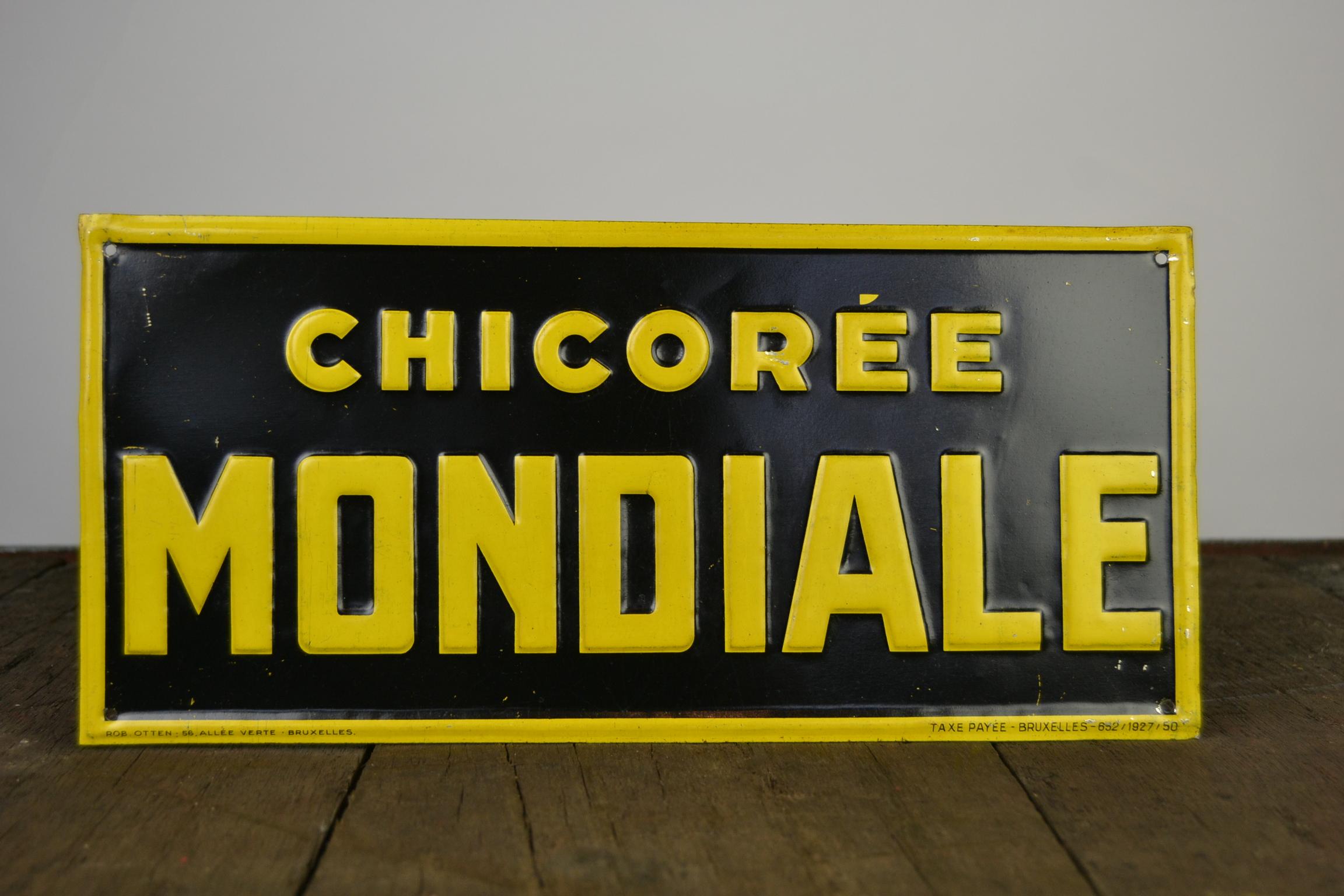 1920er Zinn-Werbeschild für Chicorée Mondiale von Rob Otten, Belgien (20. Jahrhundert) im Angebot