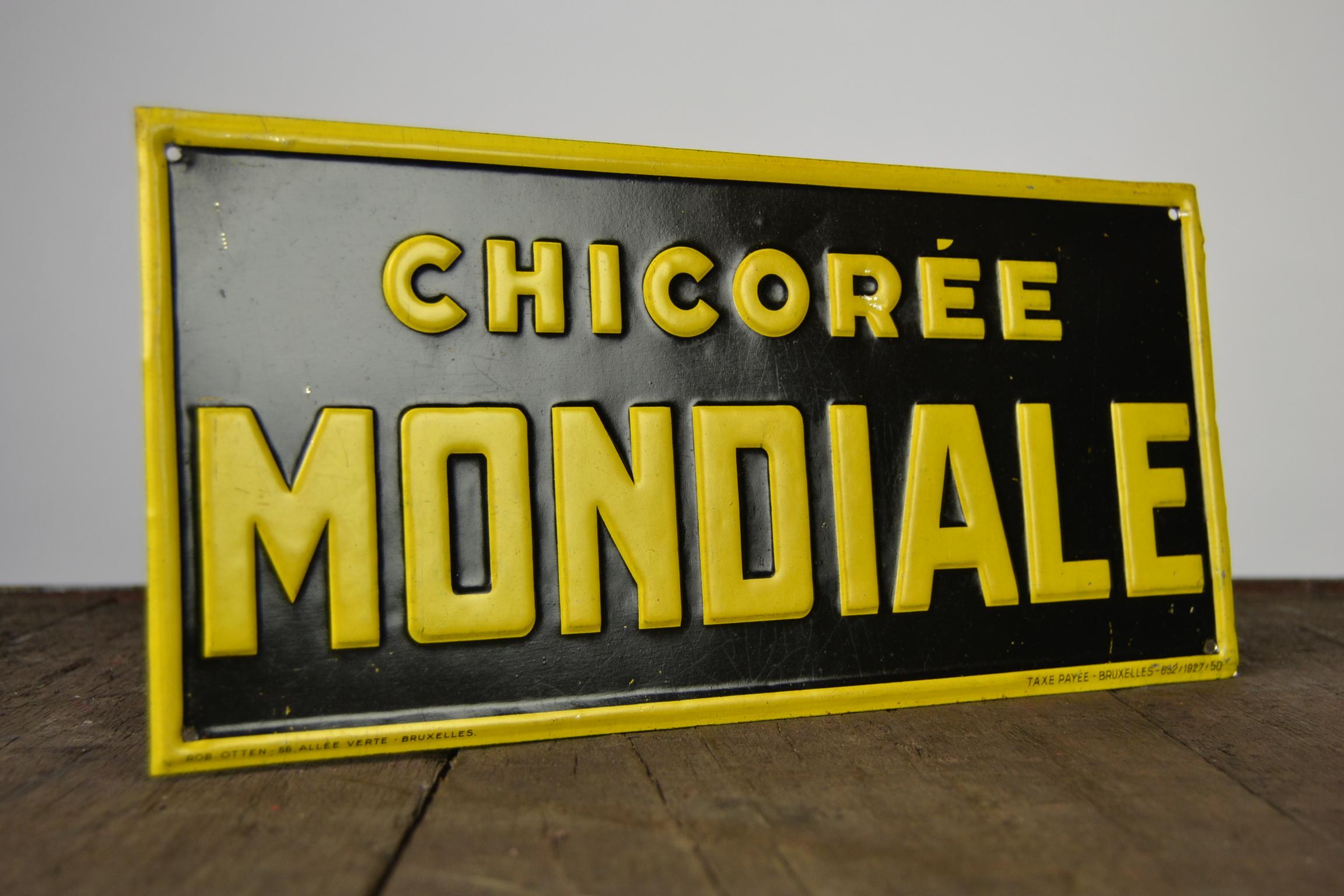 1920er Zinn-Werbeschild für Chicorée Mondiale von Rob Otten, Belgien im Angebot 1
