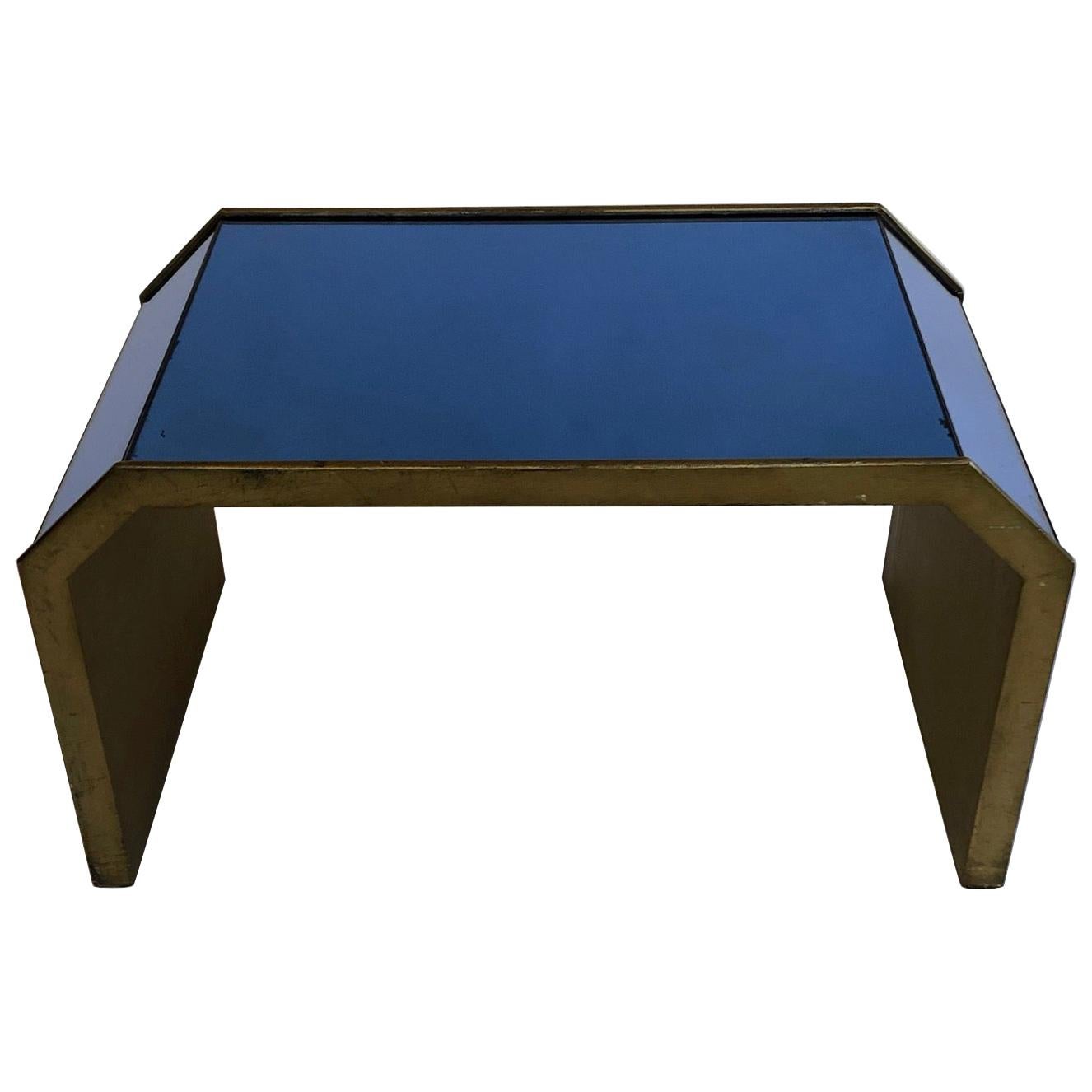 Rare and very unusual modernist 1920s-1950s deep blue mirrored side table with a gilt wooden frame. Untouched. Superb Original art deco colour, hard to come by.