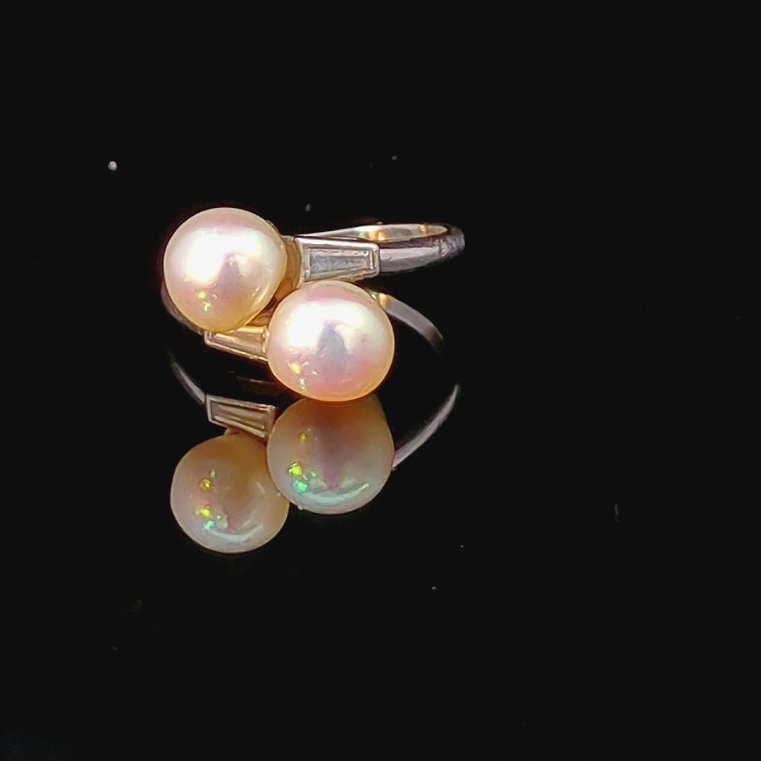 Round Cut 1920s Signed Chaument Toi Et Moi Natural Saltwater Pearl Ring 