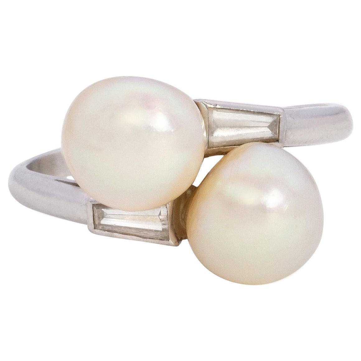 1920s Signed Chaument Toi Et Moi Natural Saltwater Pearl Ring 