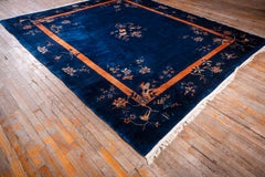 1920s Traditional Blue Open Field Floral Bird Knotted Antique Chinese Peking Rug