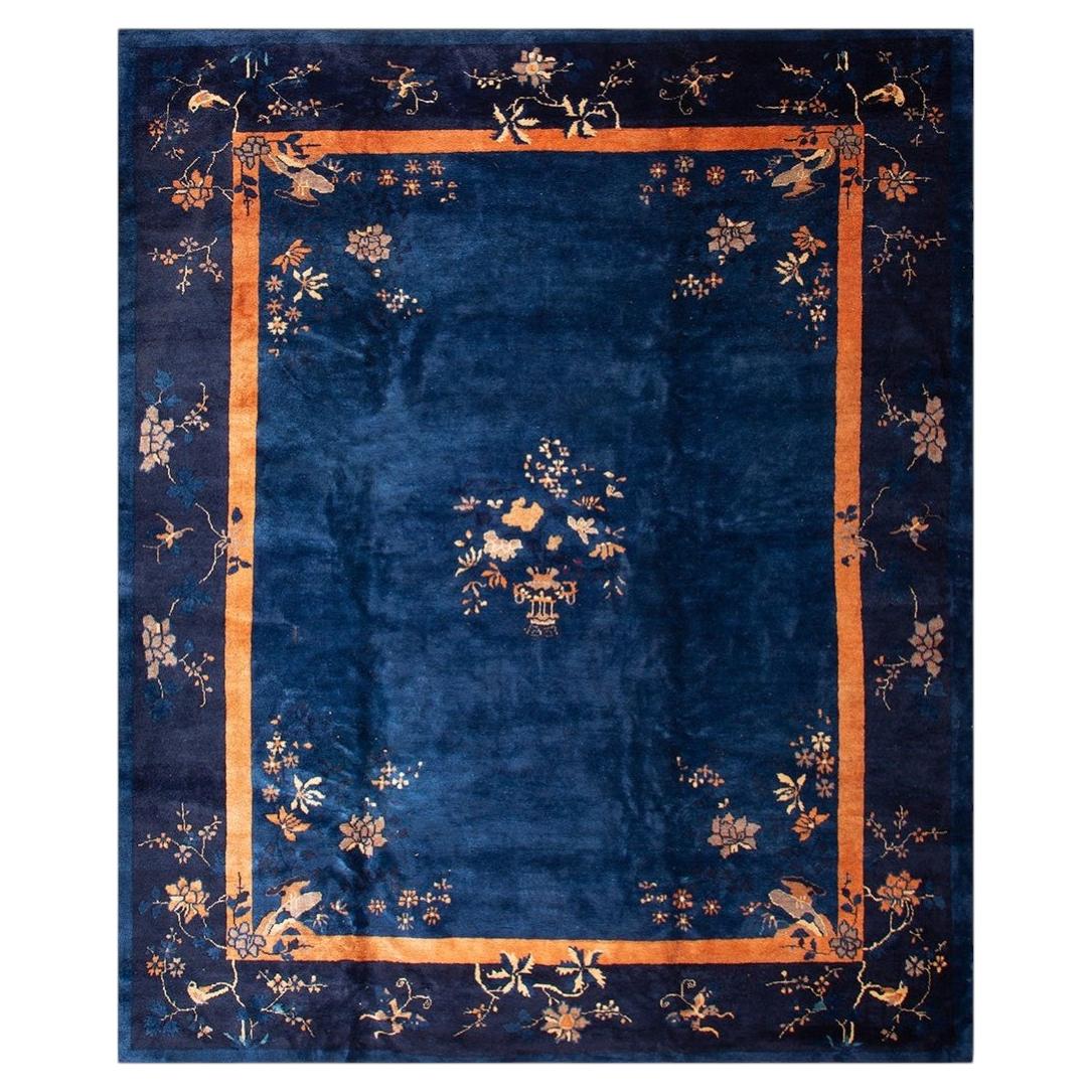 1920s Traditional Blue Open Field Floral Bird Knotted Antique Chinese Peking Rug