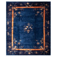 1920s Traditional Blue Open Field Floral Bird Knotted Antique Chinese Peking Rug