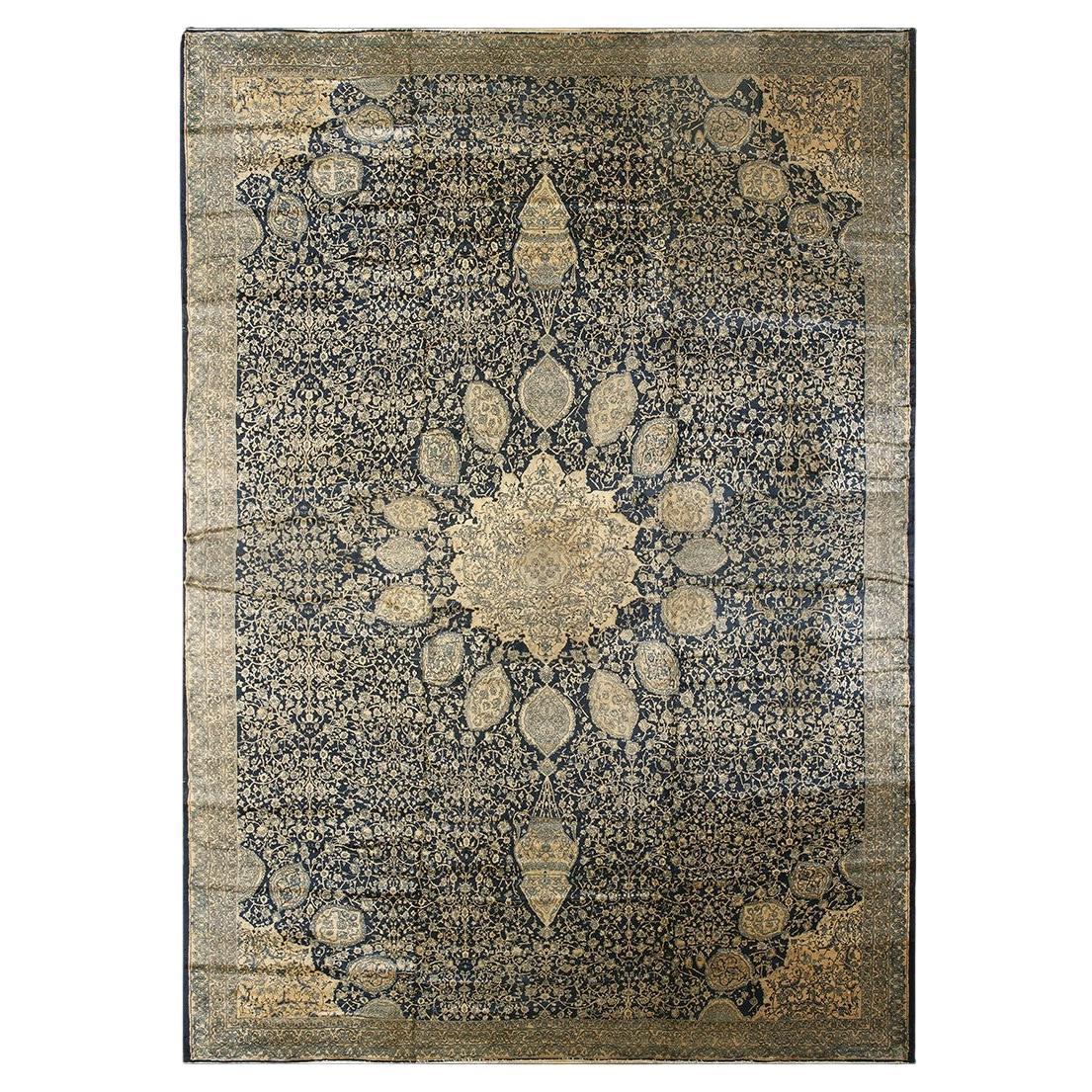 1920s Traditional Dark Blue Field Medallion Antique Indian Lahore Gallery Carpet