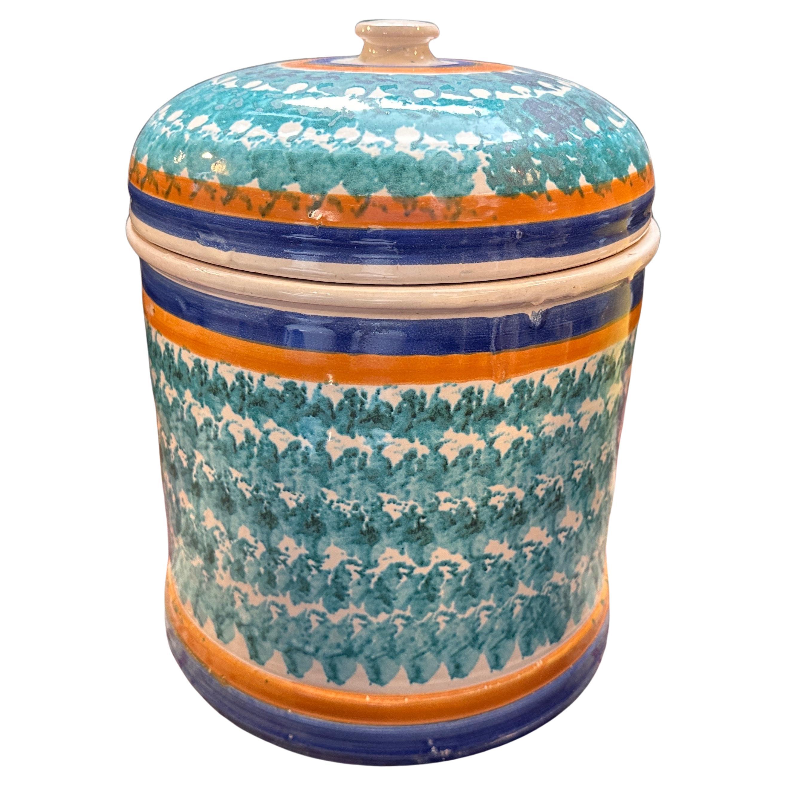 1920s Traditional Hand-Painted Ceramic Sicilian Big Salt Container from Patti For Sale