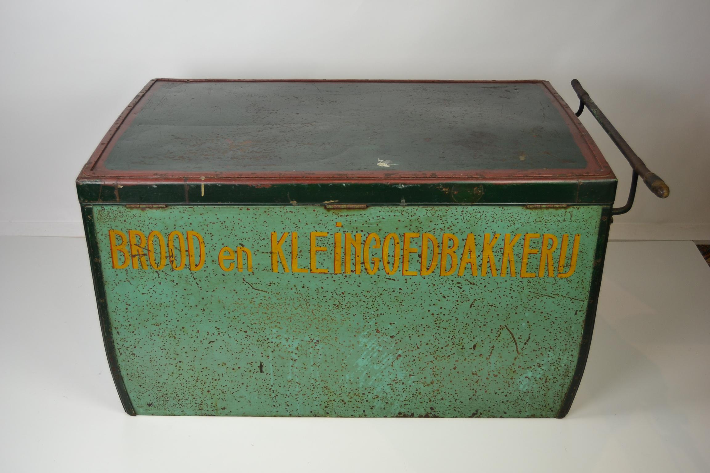 Awesome Large Old Bakery Box - Storage Container from former Antique Tricycle Transport Bike. 
What a great patina ! 

This box dates circa 1920 - 1930 and is made from Wood covered with Metal. Has the text : Bread and Confectionery Bakery -