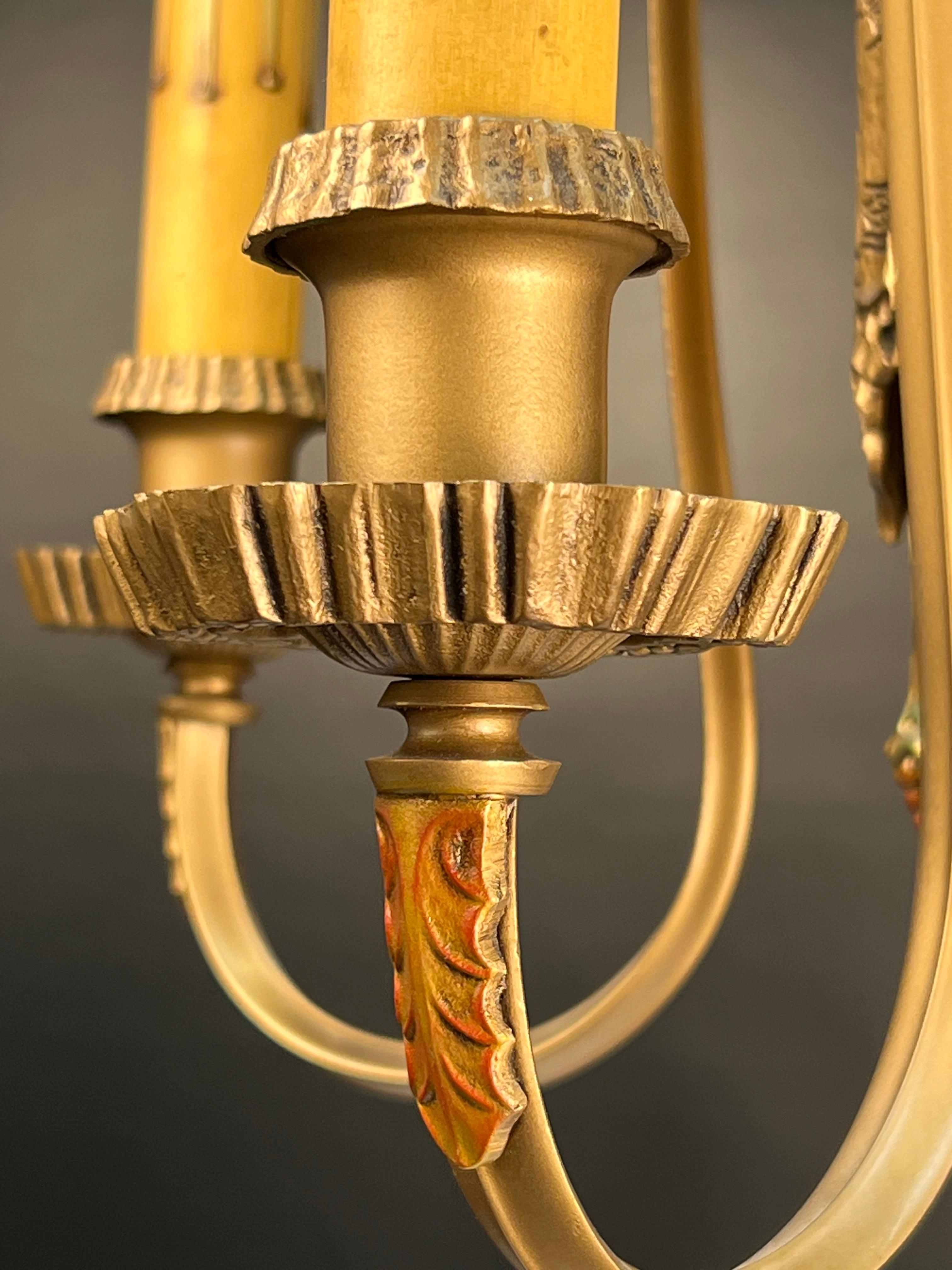 Polychromed 1920's Tudor Revival Five Light Chandelier For Sale